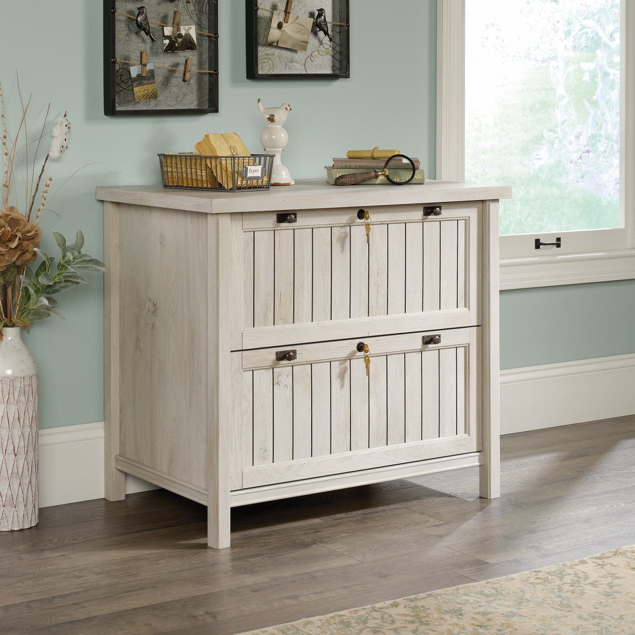 Sauder Costa Lateral File and L-Shaped Desk with Chalked Chestnut Finish - Home Office Furniture for Small Spaces, Work from Home Setup, Modern Workspace Solution