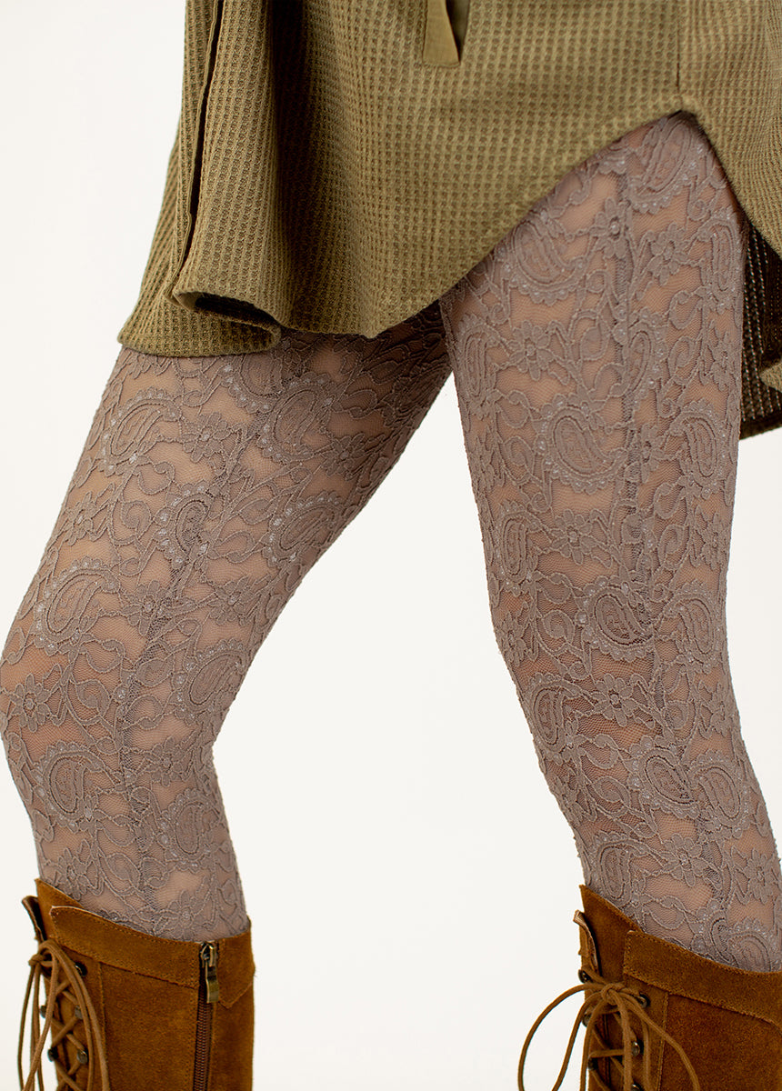 Elena Lace Leggings for Women - High Waisted Stretchy Yoga Pants in Taupe - Perfect for Workouts, Yoga & Casual Wear