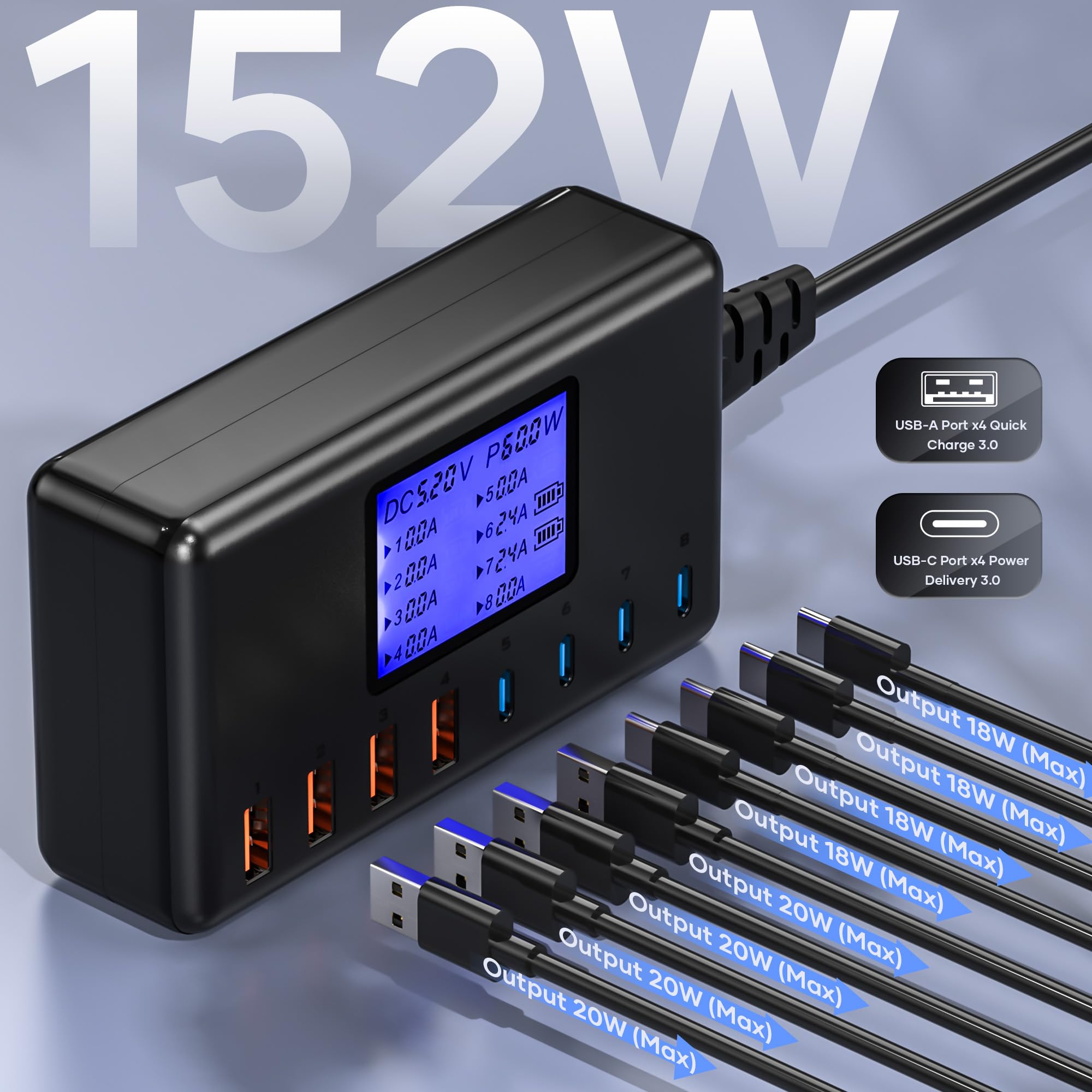 152W 8-Port USB C Charging Station with 4x20W USB-C & 4x18W USB-A Ports - Fast Desktop Charger Hub for iPhone 15/14/13 Pro/Max, iPad, Samsung Galaxy S23/Note - Perfect for Home, Office & Travel Charging Multiple Devices Simultaneously