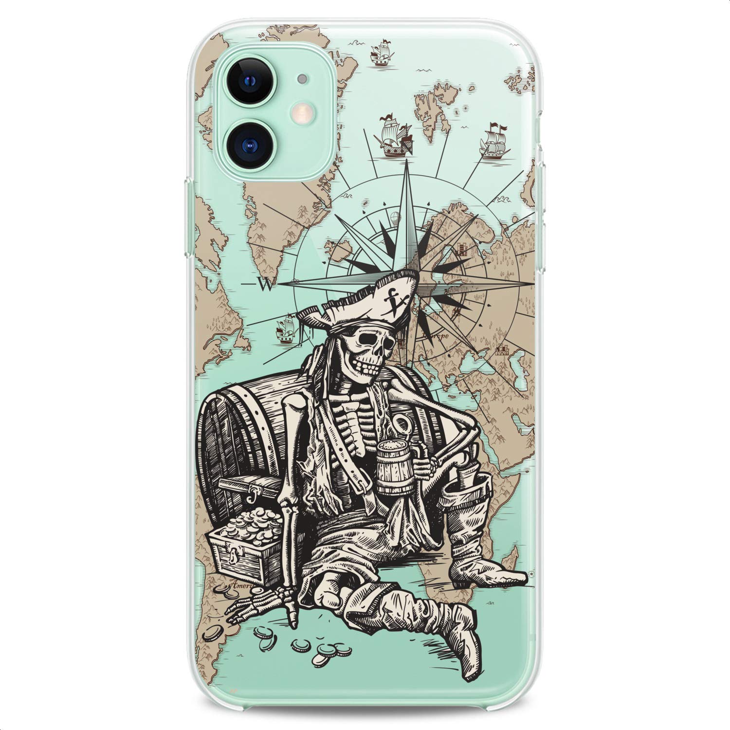 Premium TPU Phone Case for iPhone 16/15/14/13/12/11 Pro Max/Plus/Mini/XS/XR/X/8+/7/6/5/SE - Pirate Ghost Ocean Themed Clear Silicone Cover with Sea Map Print - Slim Flexible Protective Case for Travel & Adventure