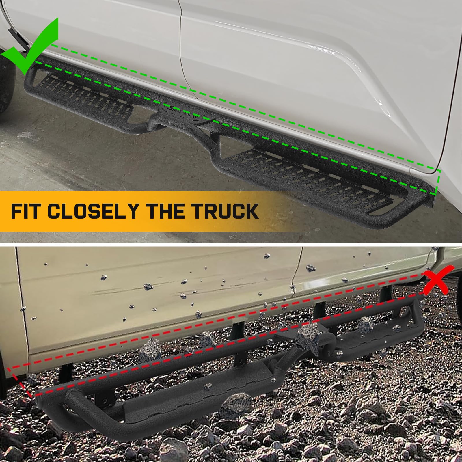 Black Running Boards & Side Steps for 2009-2018 Dodge Ram 1500 Crew Cab (Incl. 2019+ Classic) & 2010-2024 Ram 2500/3500 Crew Cab - Heavy Duty Nerf Bars with Middle Step - Perfect for Off-Roading, Truck Access & Easy Entry/Exit