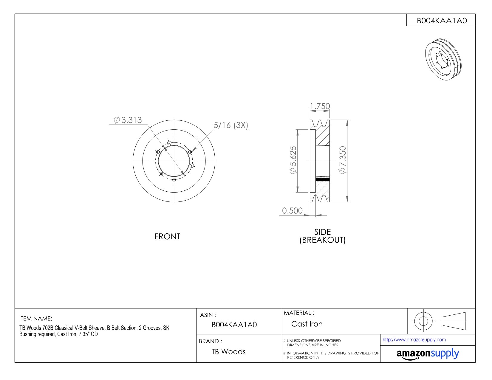 702B Classical V-Belt Sheave | B Belt Section | 2 Grooves | Cast Iron Pulley | 7.35