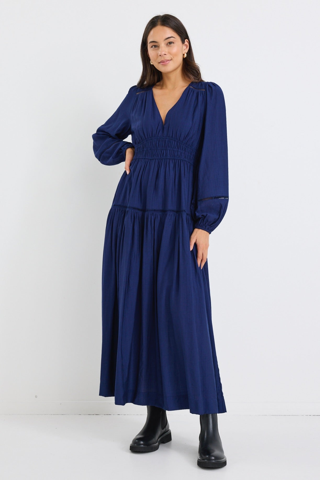 Divine Navy Blue Balloon Sleeve Flowy Maxi Dress for Women - Beach Wedding, Summer Vacation & Boho Party Outfit