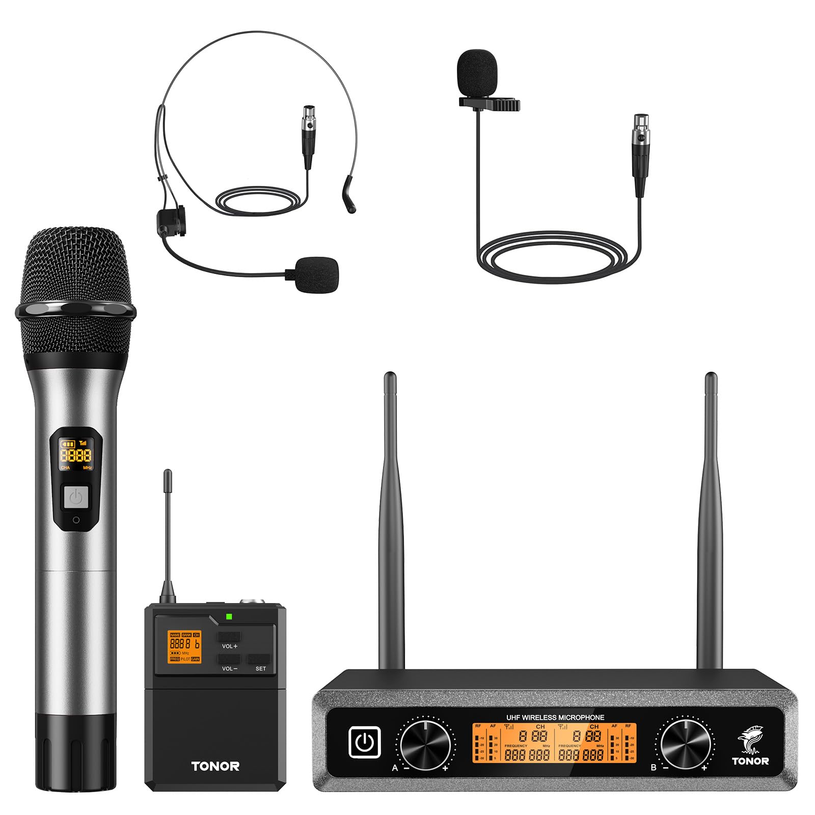 TONOR Wireless Microphone System - UHF Metal Headset, Lapel & Handheld Mics with Bodypack Transmitter & Receiver | 2x15 Channels, 200ft Range | Perfect for Karaoke, Church Services, Live Performances, DJ Events & Public Speaking