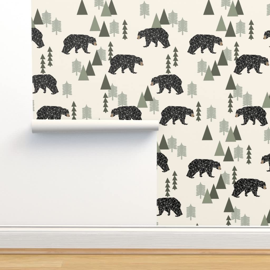 Peel & Stick Removable Wallpaper 9ft x 2ft - Bear Forest Woodland Hunting Theme, Custom Nursery Wall Decor for Baby Boy's Room, Mountain Tree Animal Design by Spoonflower | Perfect for Kids Bedroom, Playroom & Home Office Accent Wall