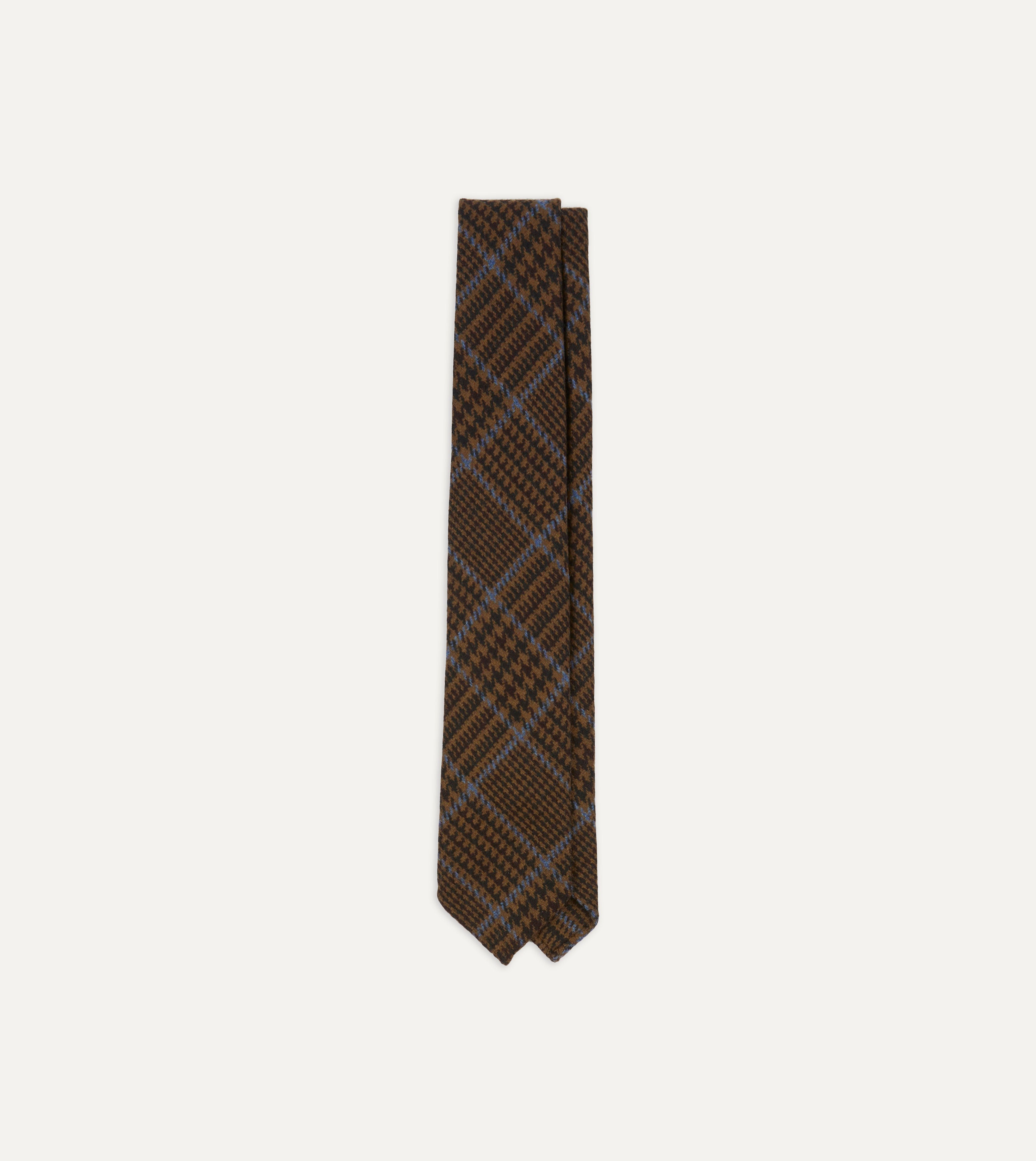 Premium Dark Brown Prince of Wales Check Hand-Rolled Wool Tie for Men - Elegant Office Wear & Formal Occasions