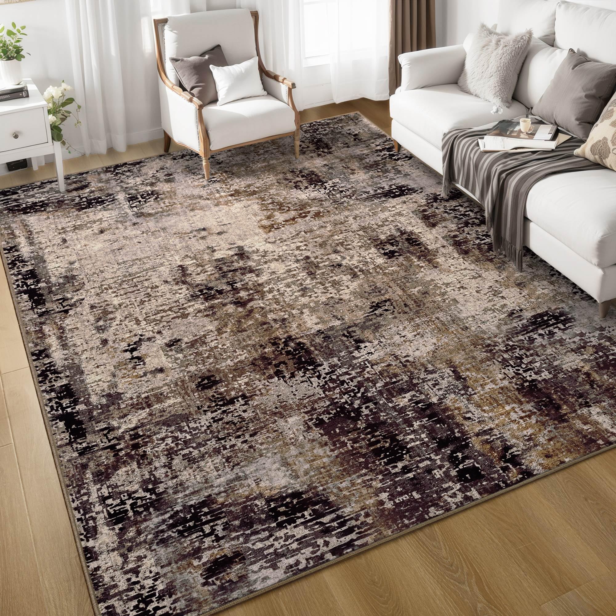 Ompaa 6x9 Brown Boho Vintage Area Rug - Machine Washable, Non-Slip Abstract Design for Living Room, Bedroom, Dining Room & Kids Playroom | Perfect for Farmhouse, Classroom & College Dorm Decor