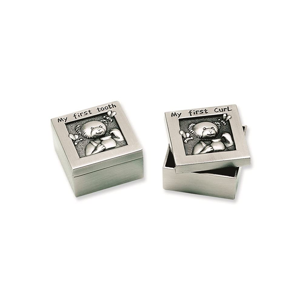 Pewter Finish Teddy First Tooth & First Curl Keepsake Set - Baby Milestone Memory Box - Perfect for Christening, Baby Showers & 1st Birthday Gifts
