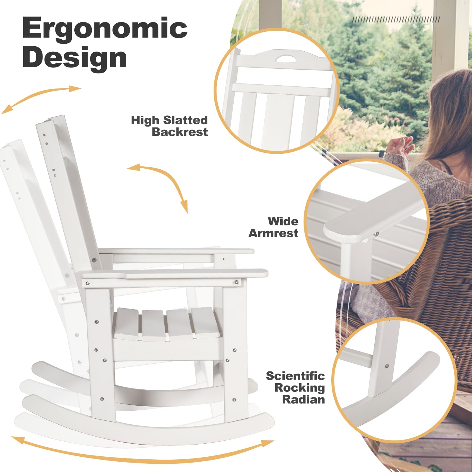 **Nalone Oversized All-Weather Outdoor Rocking Chair for Adults - Durable Patio Rocker for Garden, Lawn, Porch & Backyard Relaxation (White) - Perfect for Reading, Sunbathing & Enjoying Nature**