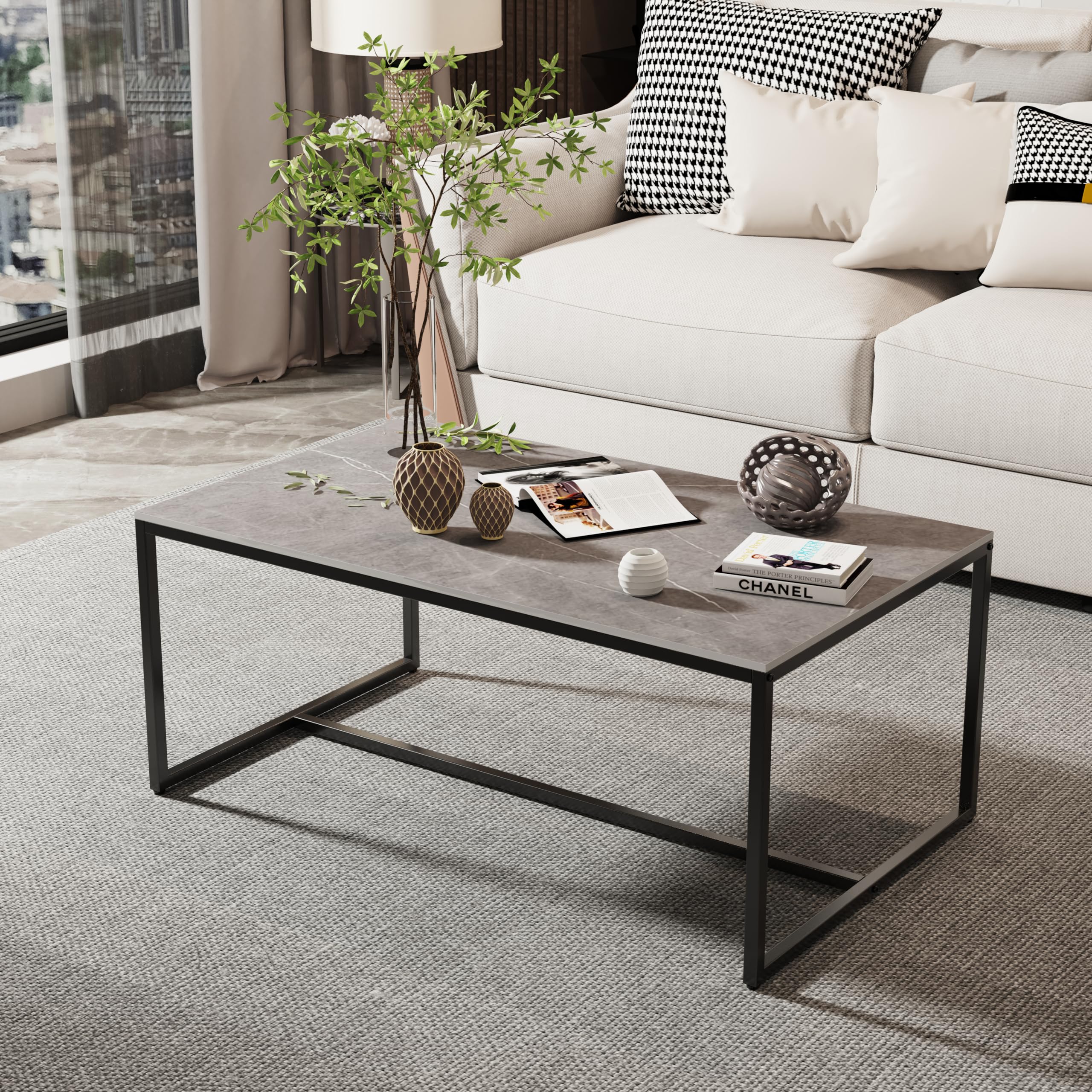 Wisfor Sintered Stone Coffee Table - Modern Grey Rectangular Sofa Table with Sturdy Black Metal Frame, 39.4x23.6x15.7 Inch - Perfect for Living Room Decor, Family Gatherings & Coffee Time