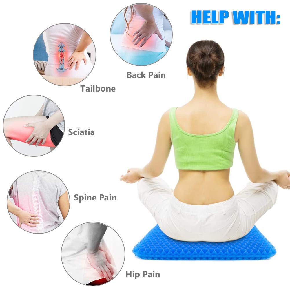 Gel Seat Cushion for Office Chair & Car - Double Thick Honeycomb Design with Non-Slip Cover - Pressure Relief & Breathable Comfort for Home, Wheelchair & Long Sitting (Blue) - Perfect for Work, Driving & Pain Relief
