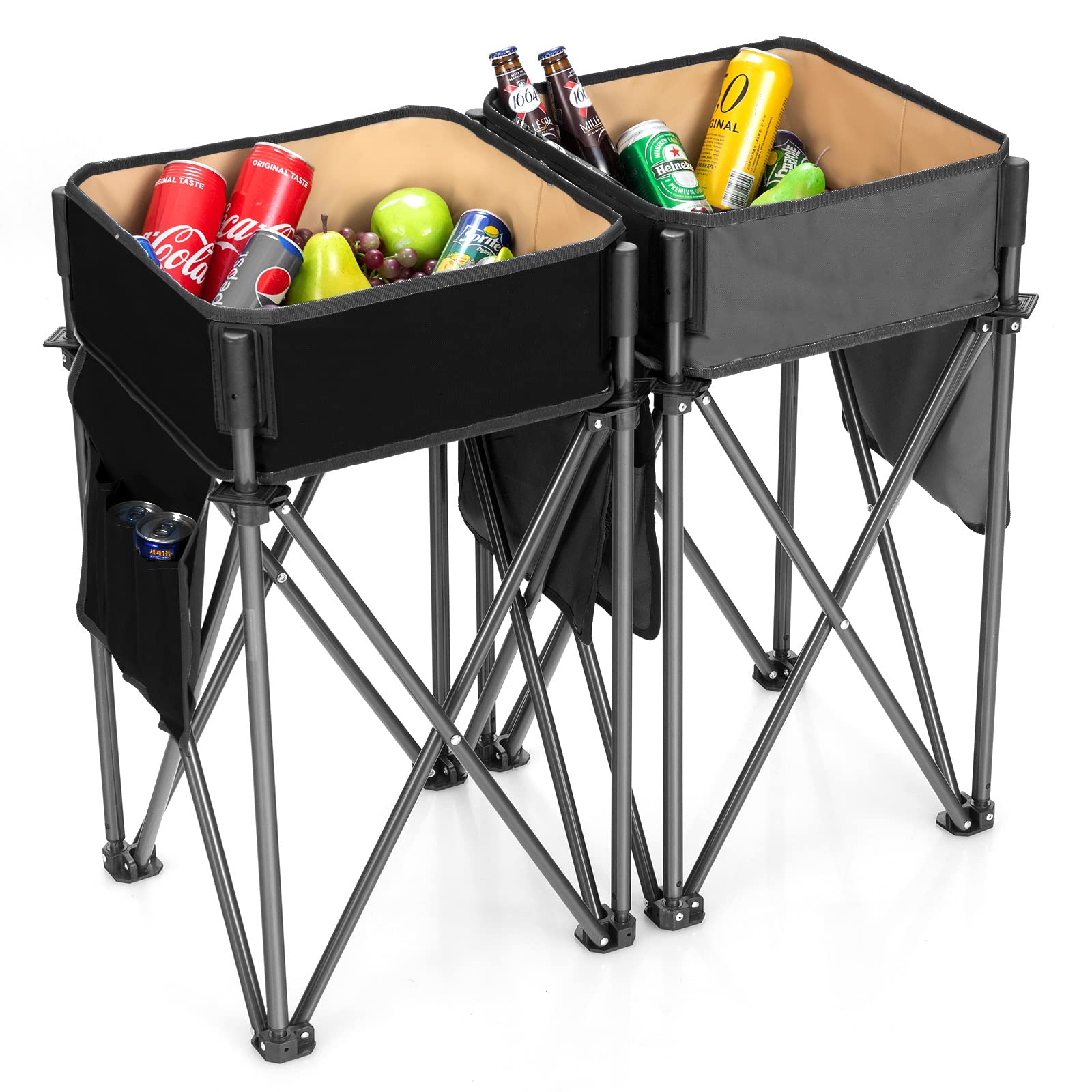 Goplus 2-Pack Folding Camping Tables - Portable Picnic Tables with Large Storage Sink, Side Pockets & Anti-Skid Feet - Lightweight Outdoor Tables for Hiking, Fishing, BBQ, Beach, Tailgating & Backyard Parties (Black & Grey)