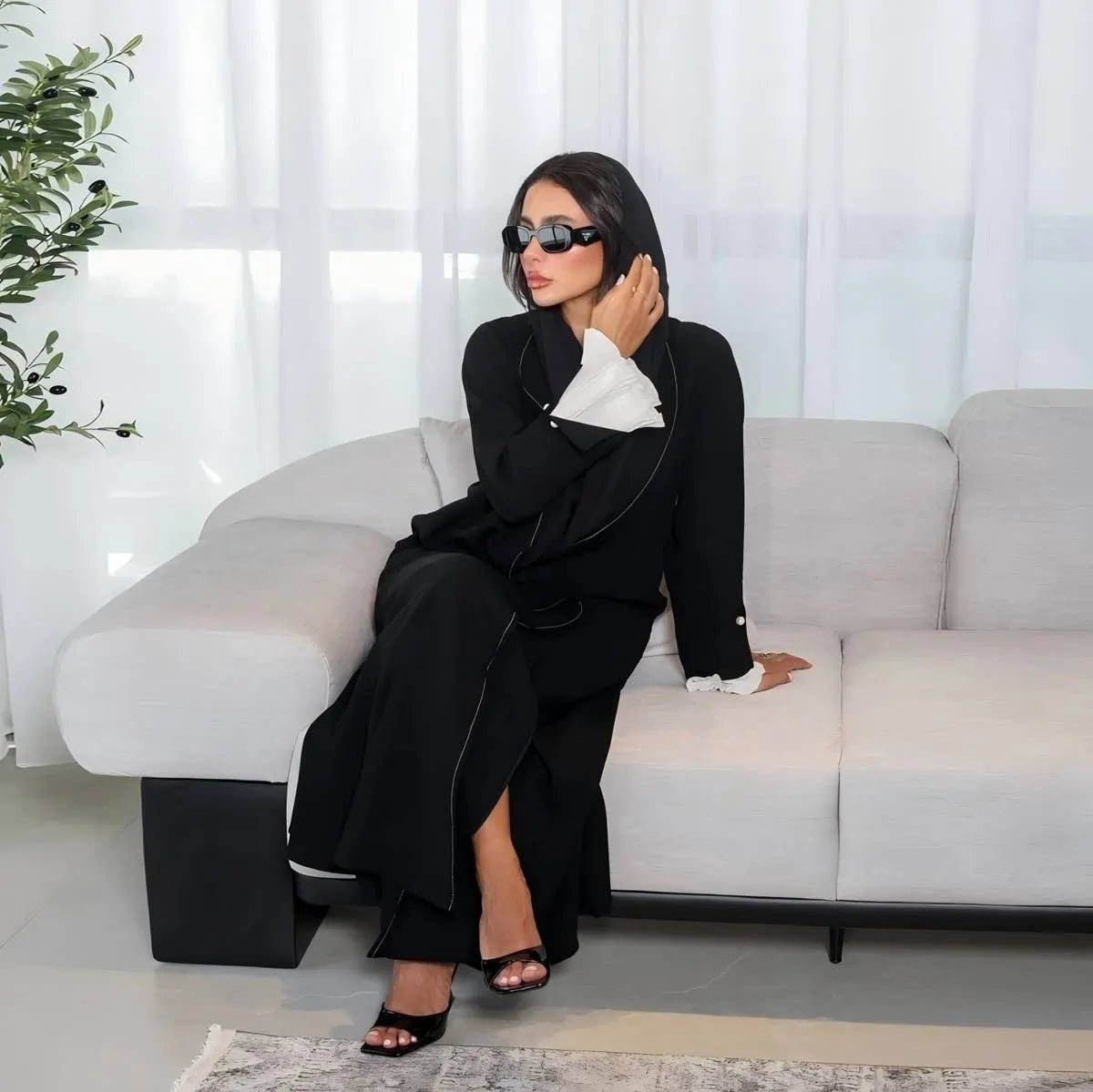 Urgarment Black Pleated Sleeve Open Abaya Dress #25170 - Elegant Muslim Women's Cardigan for Prayer, Home & Special Occasions