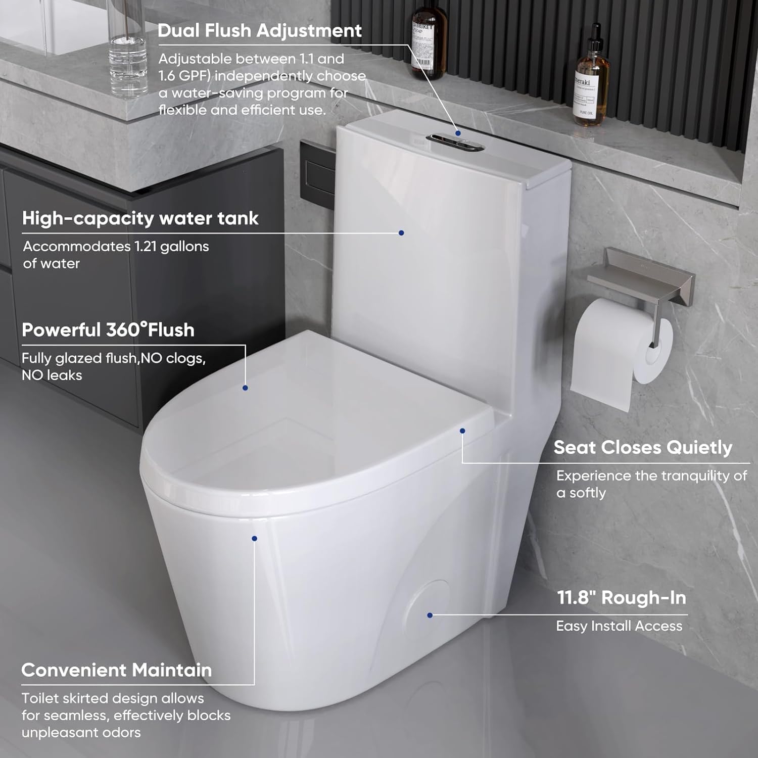 1.6 GPF Elongated Dual Flush Toilet with Soft Close Seat - 15.5