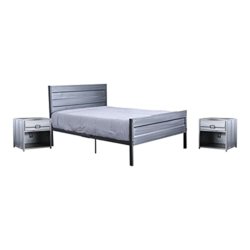 FOA Hazier Industrial 3-Piece Silver Metal Bedroom Set - Queen Size Bed & 2 Nightstands | Modern Industrial Bedroom Furniture for Home Decor | Perfect for Small Spaces & Loft Apartments
