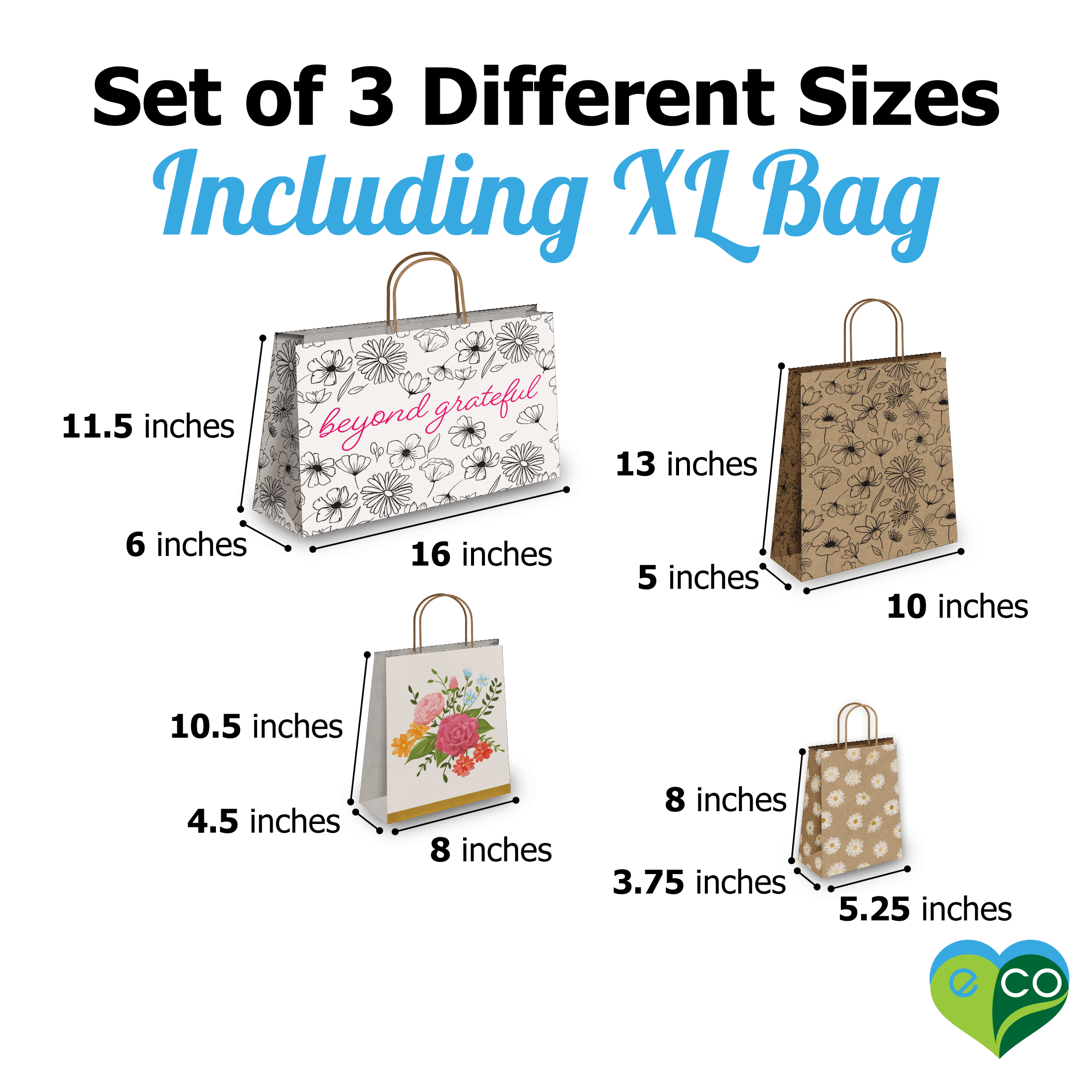 Floral Kraft Gift Bags Set - 20 Pcs Mixed Sizes (4x6, 5x7, 6x8 Inches) - Eco-Friendly Paper Gift Bags for Birthday, Wedding, Baby Shower & Party Favors