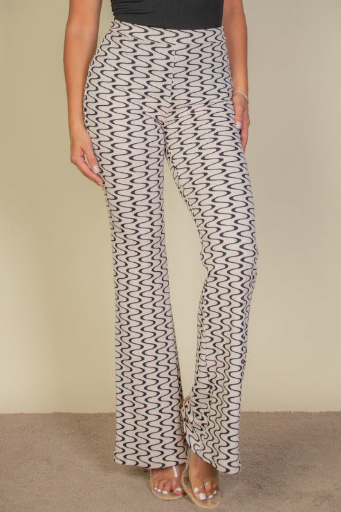 Wavy Print High Waist Flare Pants for Women - Retro 70s Style Wide Leg Trousers, Comfortable Stretch Fabric for Casual Wear, Office, and Party Outfits