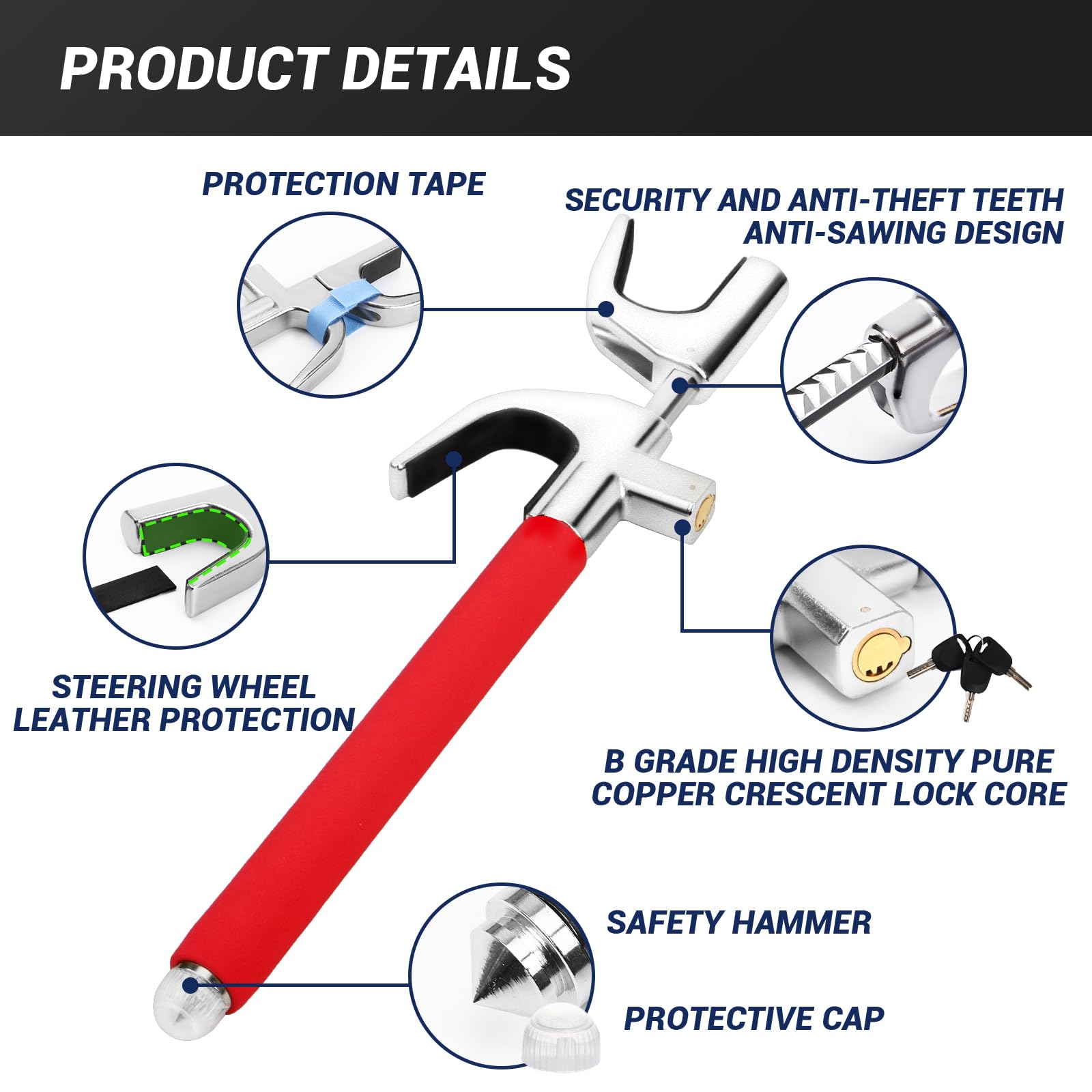 Premium Car Steering Wheel Lock - Heavy Duty Anti-Theft Device with 3 Keys & Emergency Safety Hammer | Universal Fit for All Vehicles | Red | Perfect for Parking Security & Theft Prevention