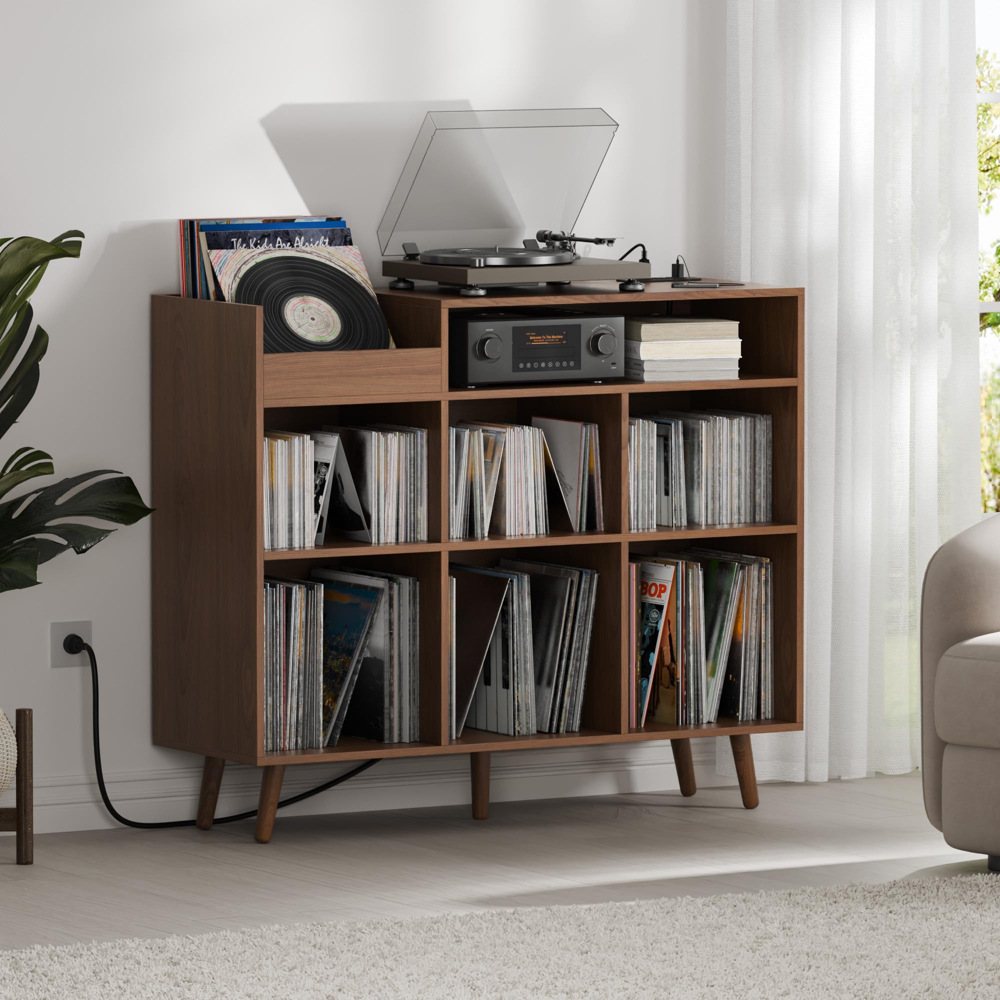 Cozy Castle Record Player Stand - Vinyl Storage Shelf for 500+ Albums, Turntable Cabinet with Power Outlet & Sideboard Storage - Perfect for Living Room, Home Theater & Music Room Decor - Brown