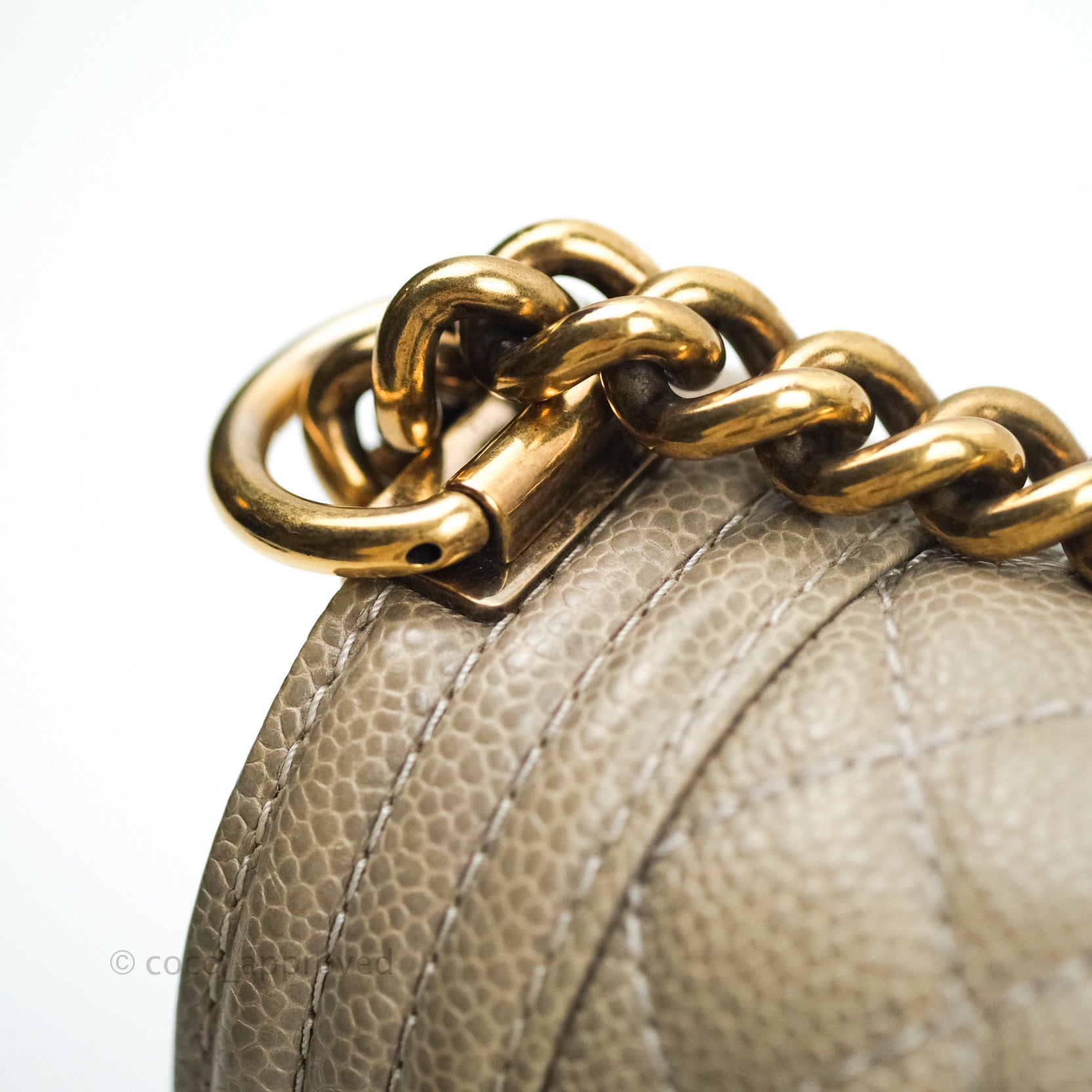 Chanel Boy Quilted Medium Handbag in Taupe Grey Caviar Leather with Gold Hardware - Perfect for Work, Evening Events & Luxury Fashion Accessories