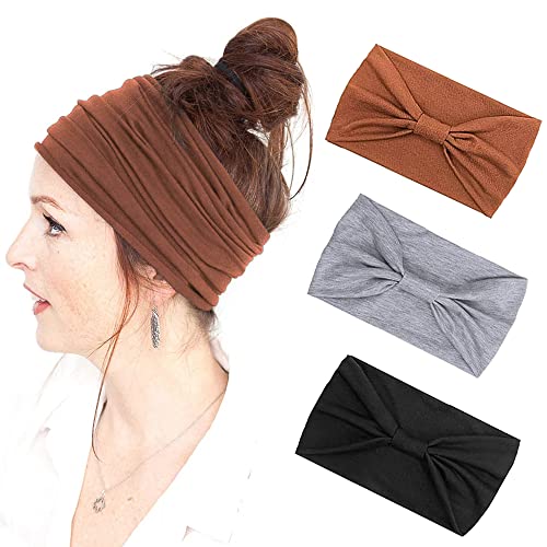 3 Pack Wide African Headbands for Women - Yoga, Sports & Fashion Hair Accessories | Sweat Absorbing Turban & Knotted Head Wraps (Black, Grey, Brown) - Perfect for Workouts, Running, Gym & Everyday Style