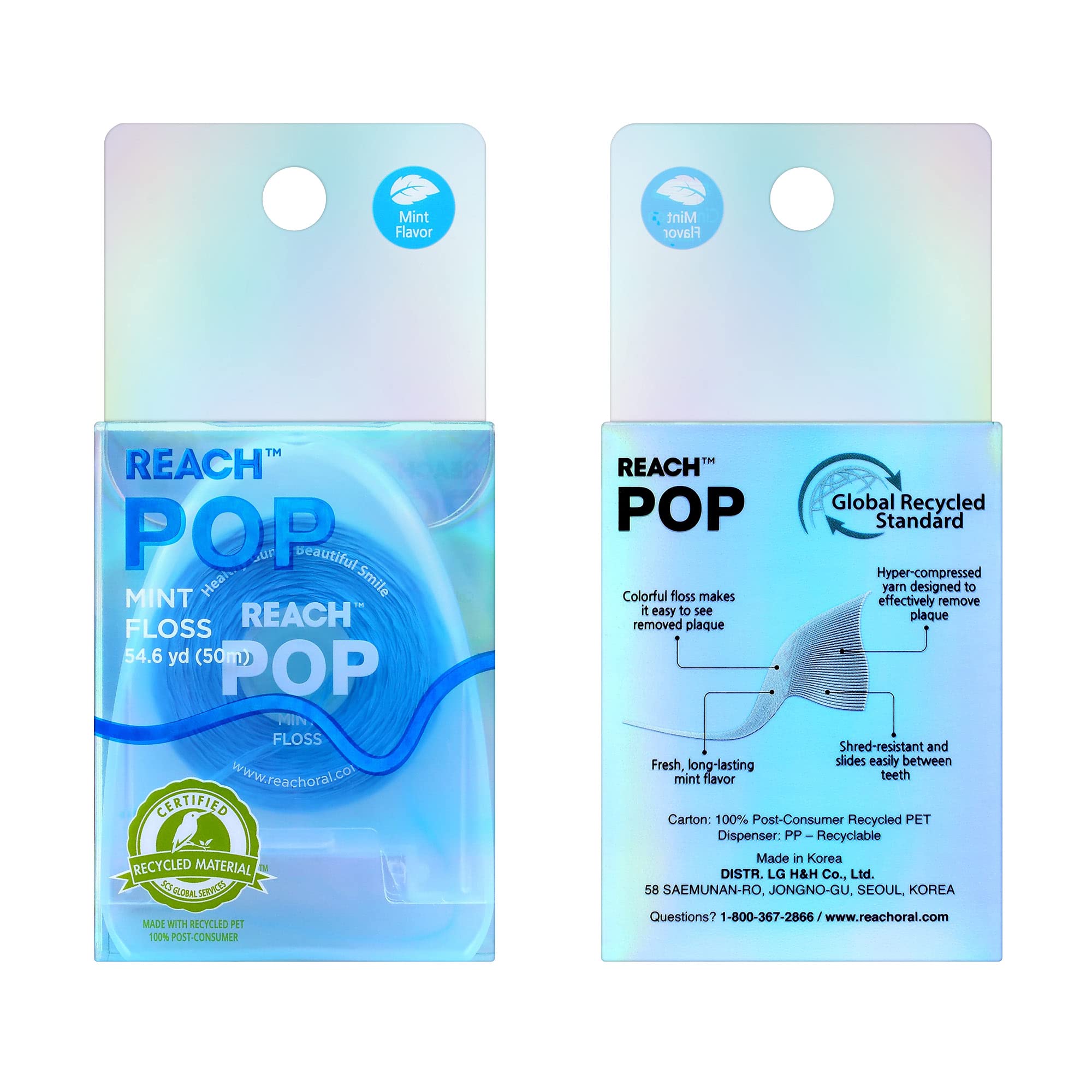 REACH POP Mint Dental Floss for Adults & Kids - Vegan Wax, Shred Resistant, PFAS Free, Cruelty Free - Plaque Remover for Teeth with Eco Friendly Packaging (3 Pack, 54.6 yd) - Perfect for Travel, Home & Office Oral Care Routine