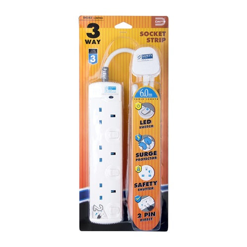 DE 283 LED 3-Way Socket Strip with Surge Protection | 3M & 6M Extension Cord | Perfect for Home Office, Workshop & Holiday Lighting