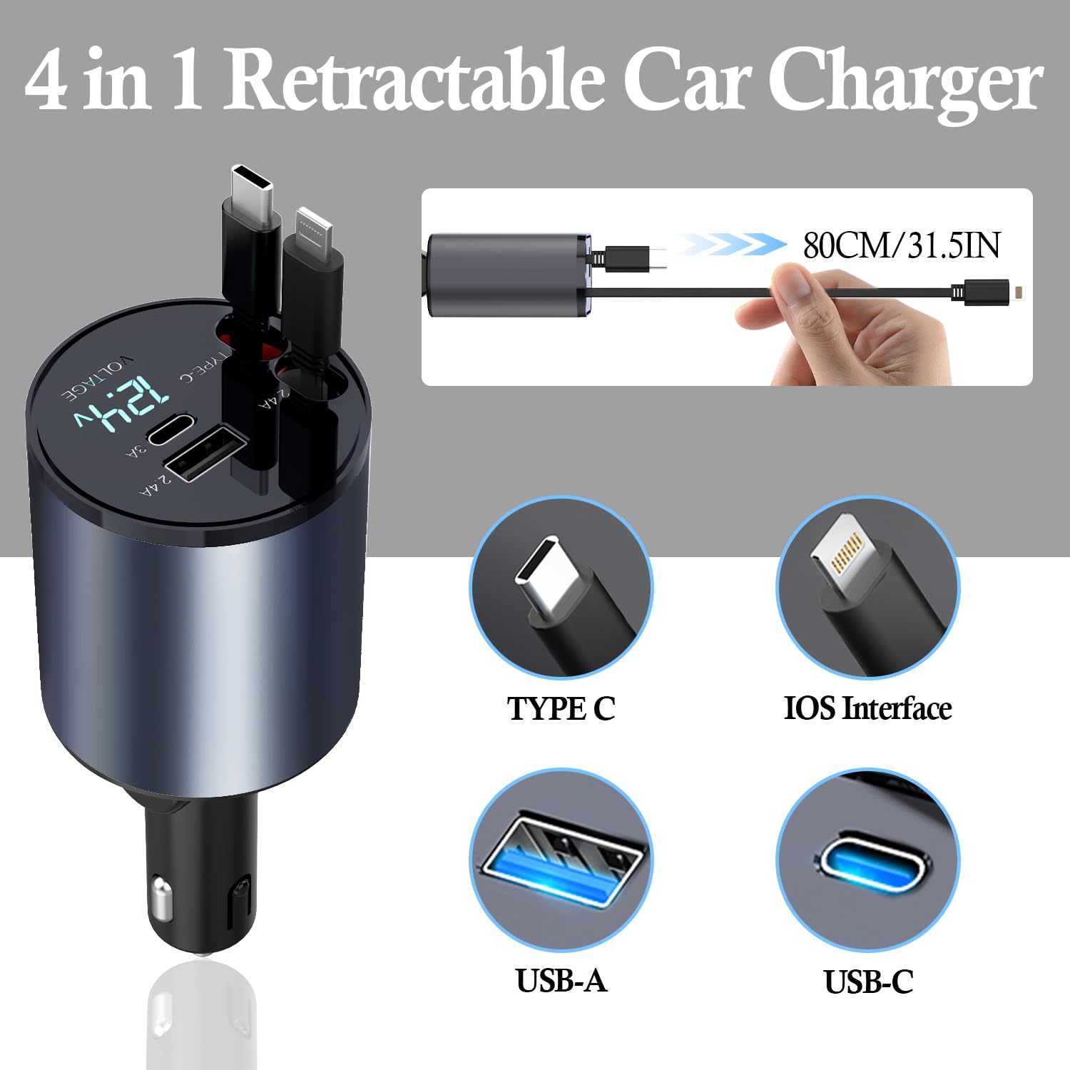 GOBGOD 4-in-1 Retractable Car Charger with USB-C & Fast Charging - Compatible with iPhone 15/14/13/12/11, iPad, Galaxy S23/S22/S10 - Perfect for Road Trips & Daily Commute (Round Design)