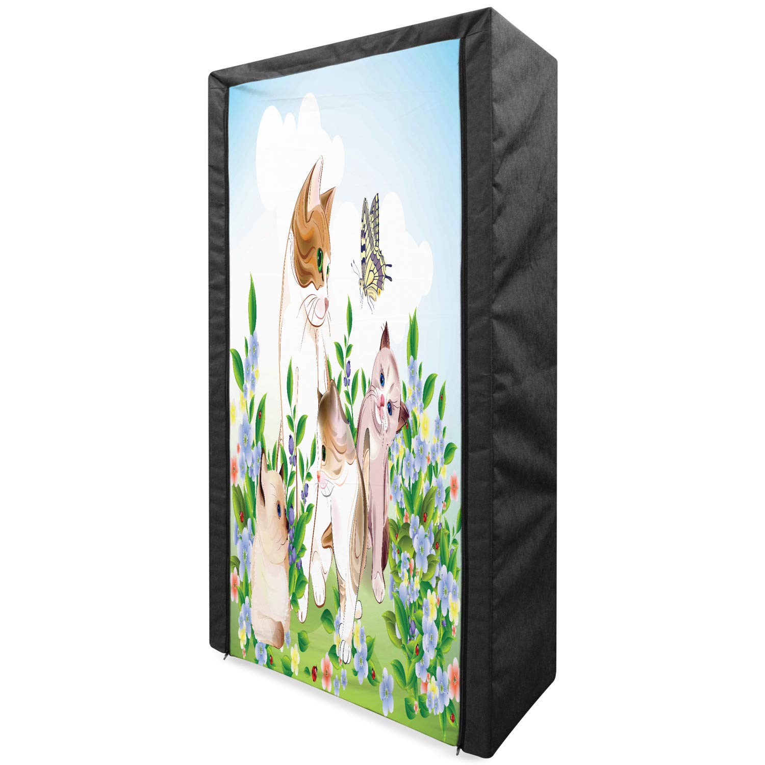 Ambesonne Cat Fabric Wardrobe - Portable Clothing Organizer with Shelves, 33.5 Inch Multicolor Kitten & Butterfly Print - Perfect for Bedroom, Closet, Dorm Storage & Travel Use