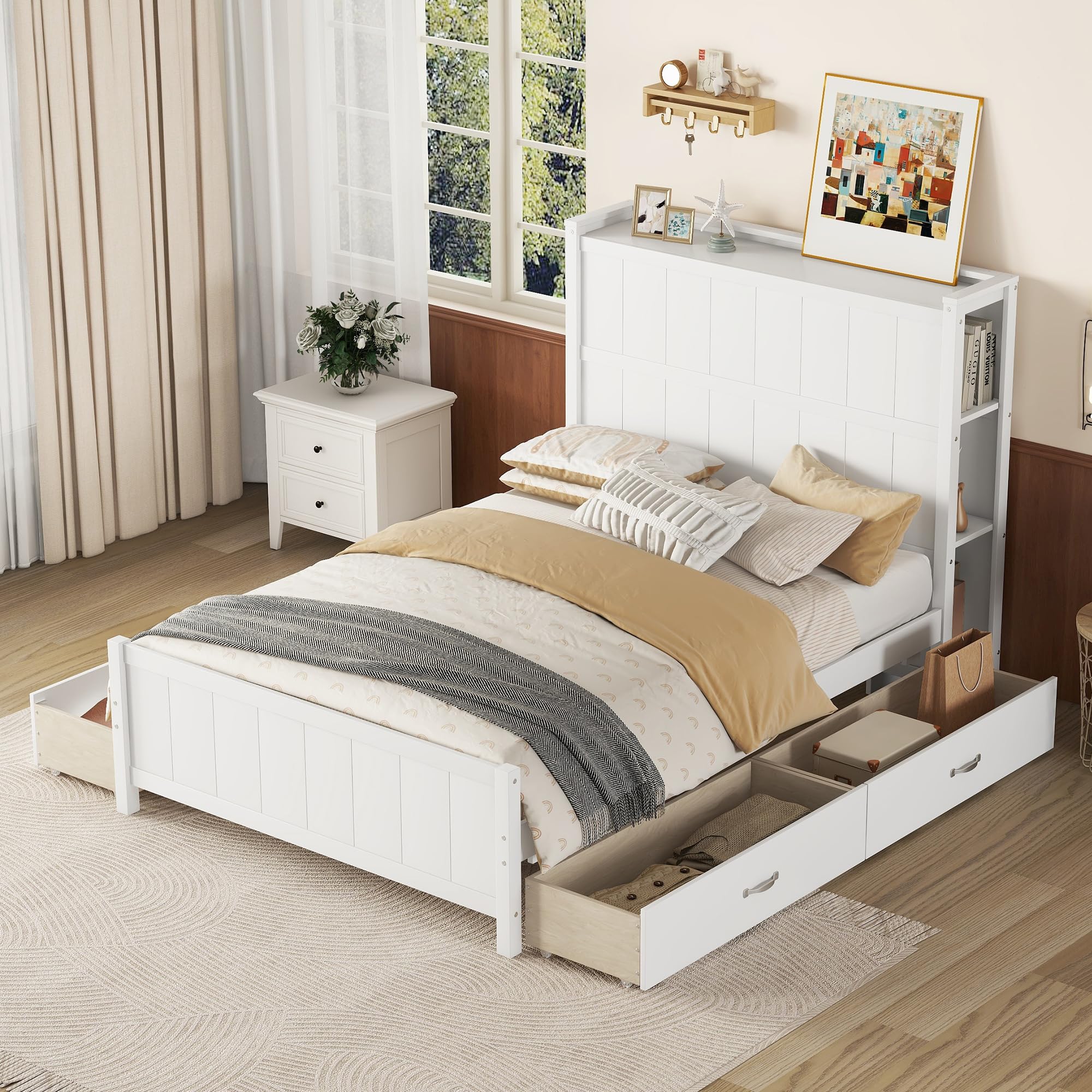 Modern Wood Storage Bed Frame with Headboard & 4 Drawers - Kids Teens Bedroom Furniture for Boys Girls