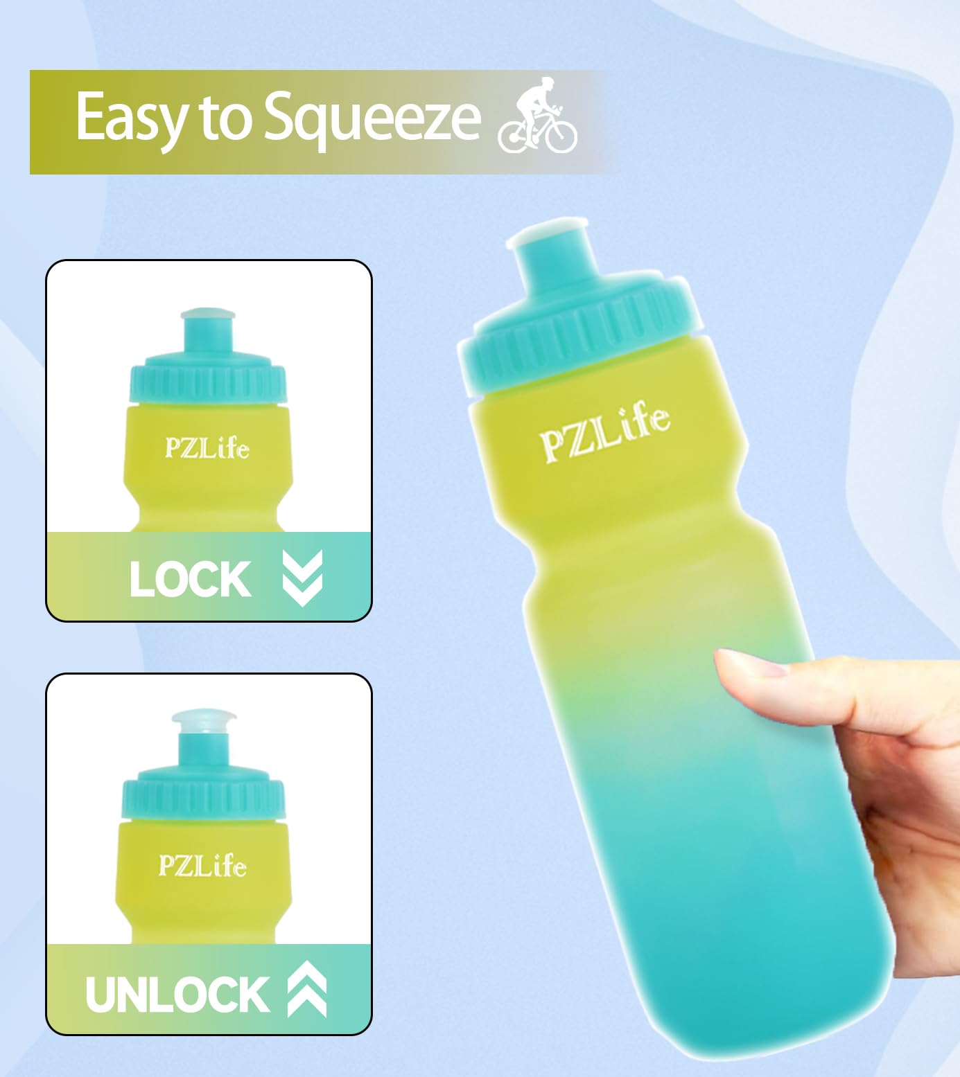 24oz Bike Squeeze Water Bottle with Pull Top Lid - Leakproof, BPA Free, Easy Squeeze Sports Water Bottle for Cycling, Running, Hiking, Gym & Outdoor Activities - Perfect for Hydration During Exercise and Fitness Training