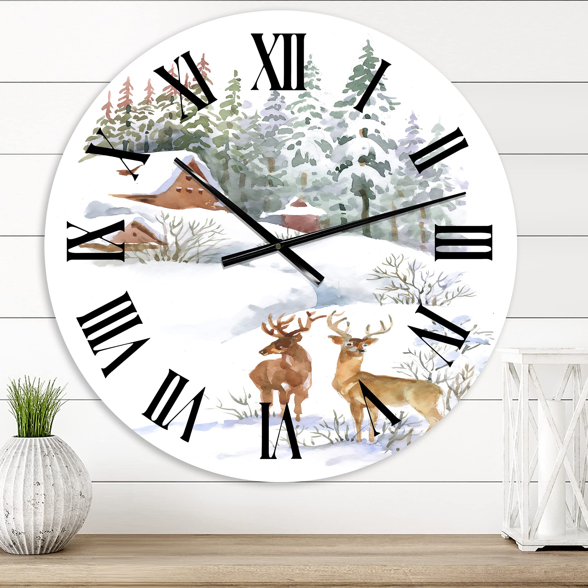 Farmhouse Wall Clock 'Winter Cottage with Two Deer' - Large Rustic Wall Clock for Home, Office, and Cabin Decor - Perfect for Living Room, Bedroom, or Country Style Interior Design