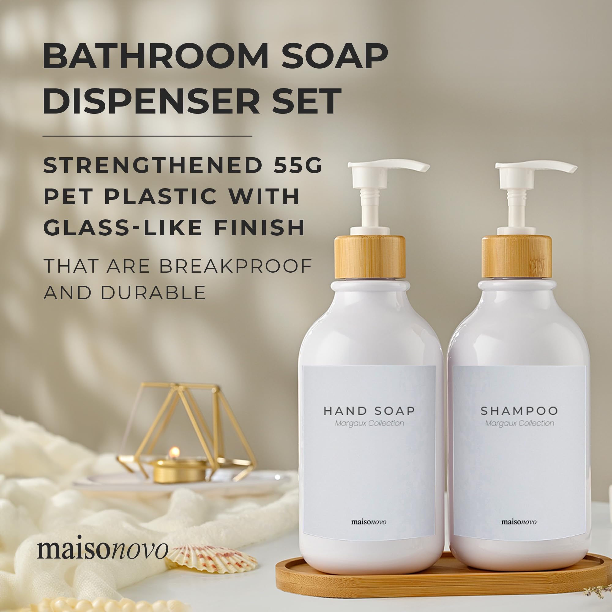 MaisoNovo 3-Piece Soap Dispenser Set - 16.9oz White Bottles with Bamboo Pumps for Kitchen, Bathroom & Vanity - Elegant Liquid Soap Dispenser for Hand Wash, Dish Soap & Lotion