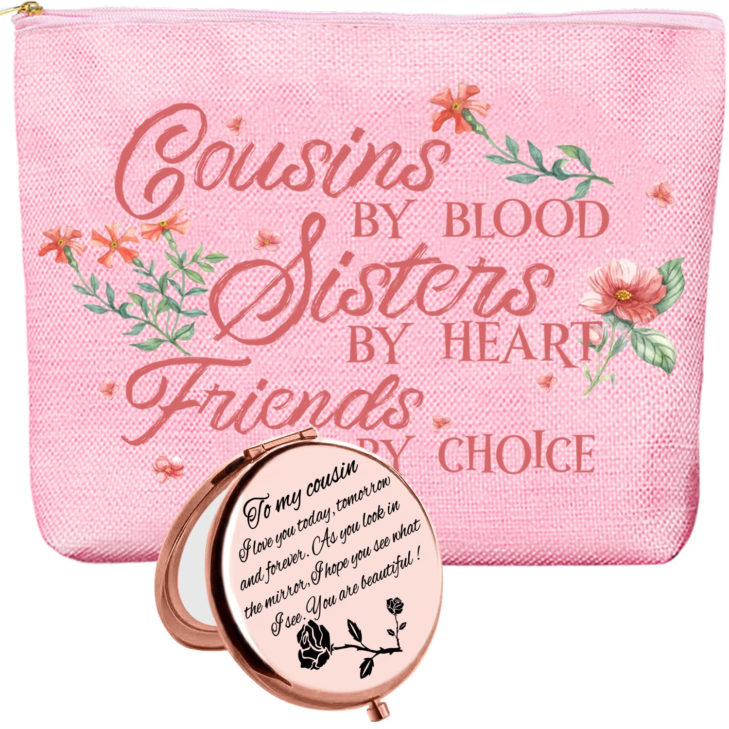 HnoonZ Christmas Gifts for Cousins - Zipper Canvas Makeup Bag & Travel Toiletry Pouch Organizer with Mirror | Perfect Gift for Cousins Birthday, Holiday & Travel Accessories Storage