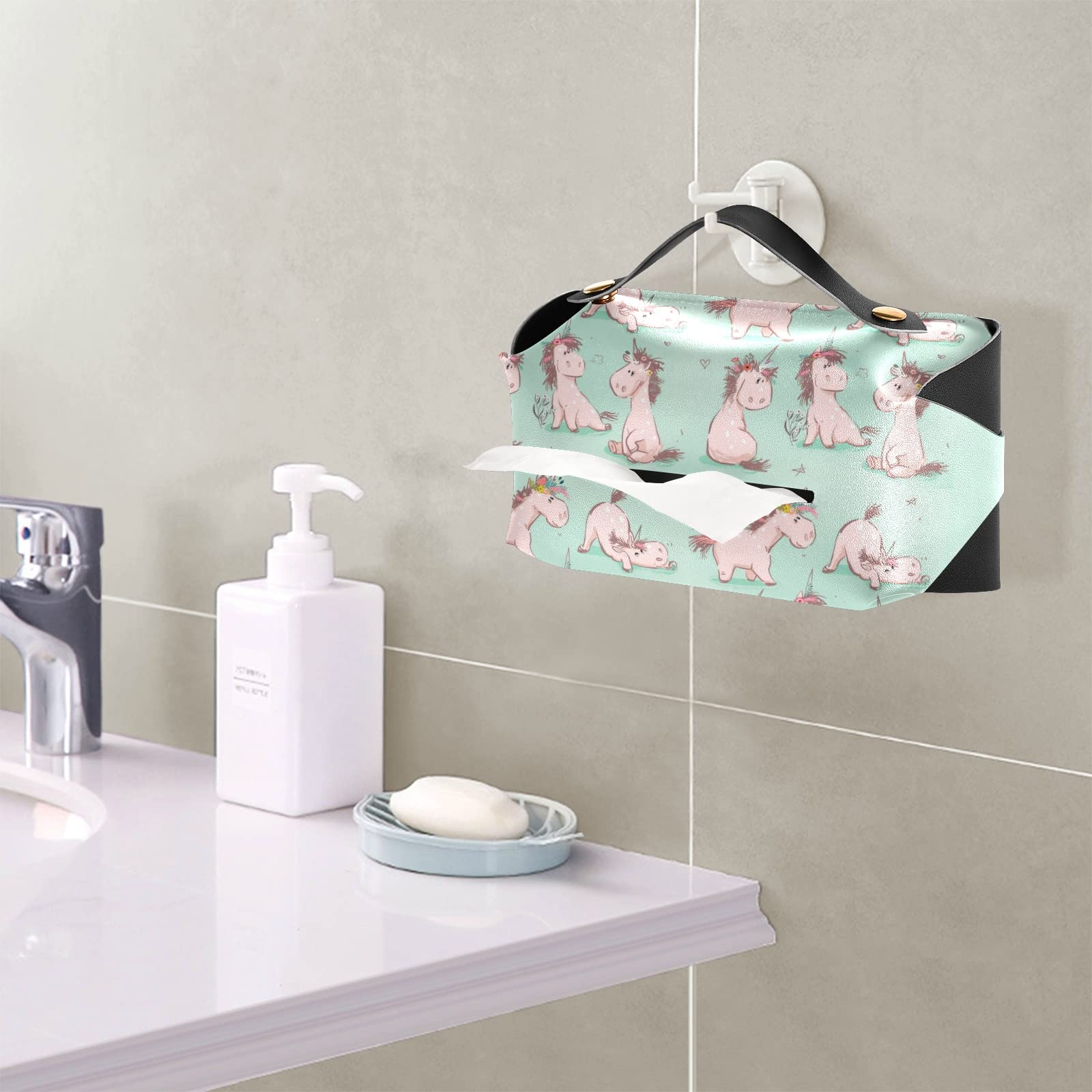 Seamless Cute Cartoon Pink Unicorn Tissue Box Cover – Turquoise Square Leather with Handle for Bathroom, Home, Office & Car (9.4x5.1x3.6 in) – Perfect for Nightstands, Vanity Countertops & Desk Decor