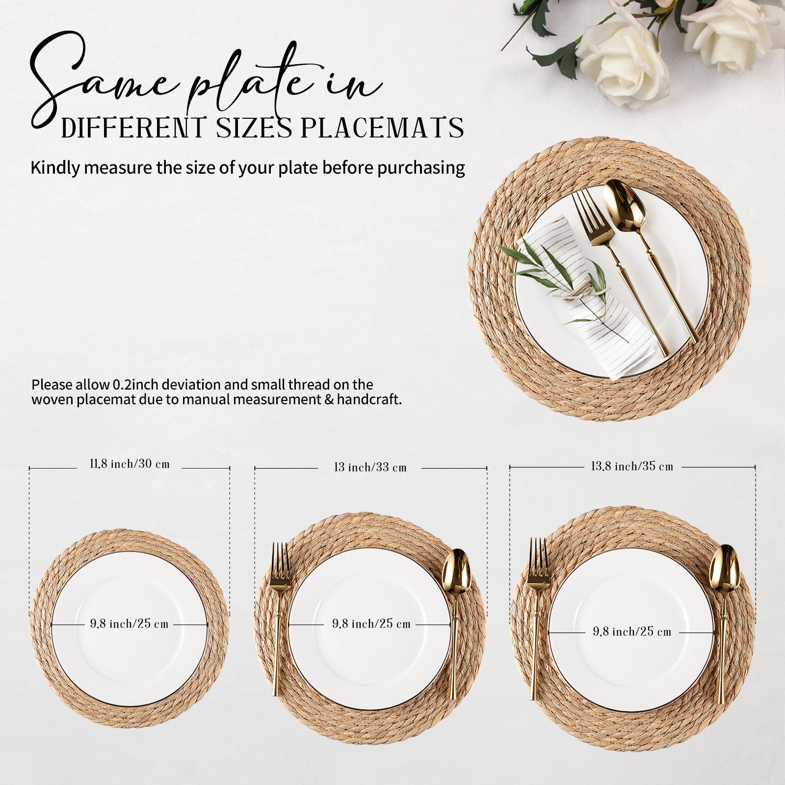 Round Woven Placemats Set of 6 - Natural Water Hyacinth & Rattan Placemats - 12 Inch Heat Resistant Wicker Placemats for Farmhouse, Boho, Outdoor, Patio Dining - Perfect for Indoor & Outdoor Tables, Dinner Parties, and Decorative Home Accents