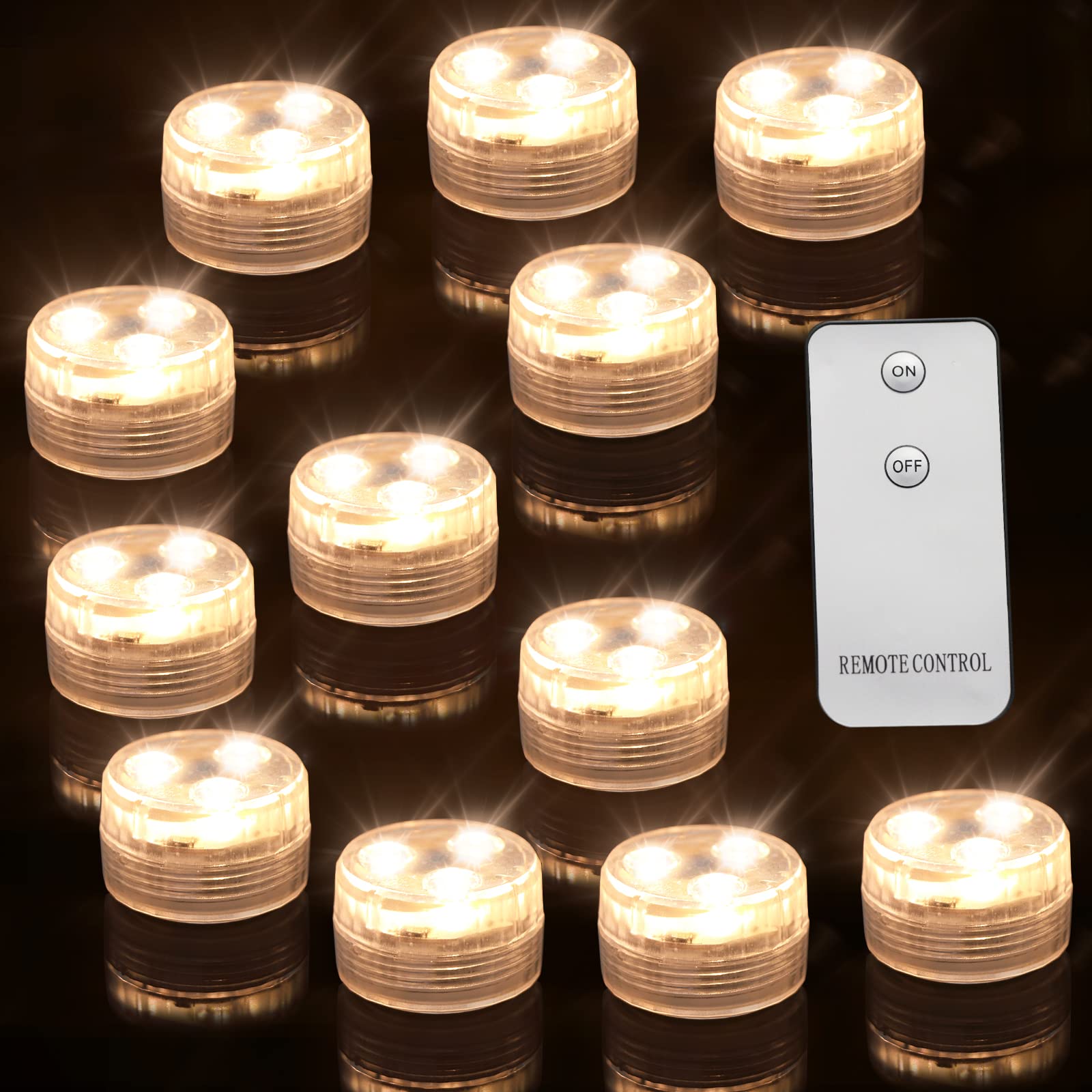 LARDUX Mini Submersible LED Lights with Remote - 12 Pack Waterproof Battery Powered RGB Underwater Tea Lights for Wedding, Party, Vase, Pool, Fish Tank - Warm White - Perfect for Home Decor, Centerpieces & Aquatic Lighting