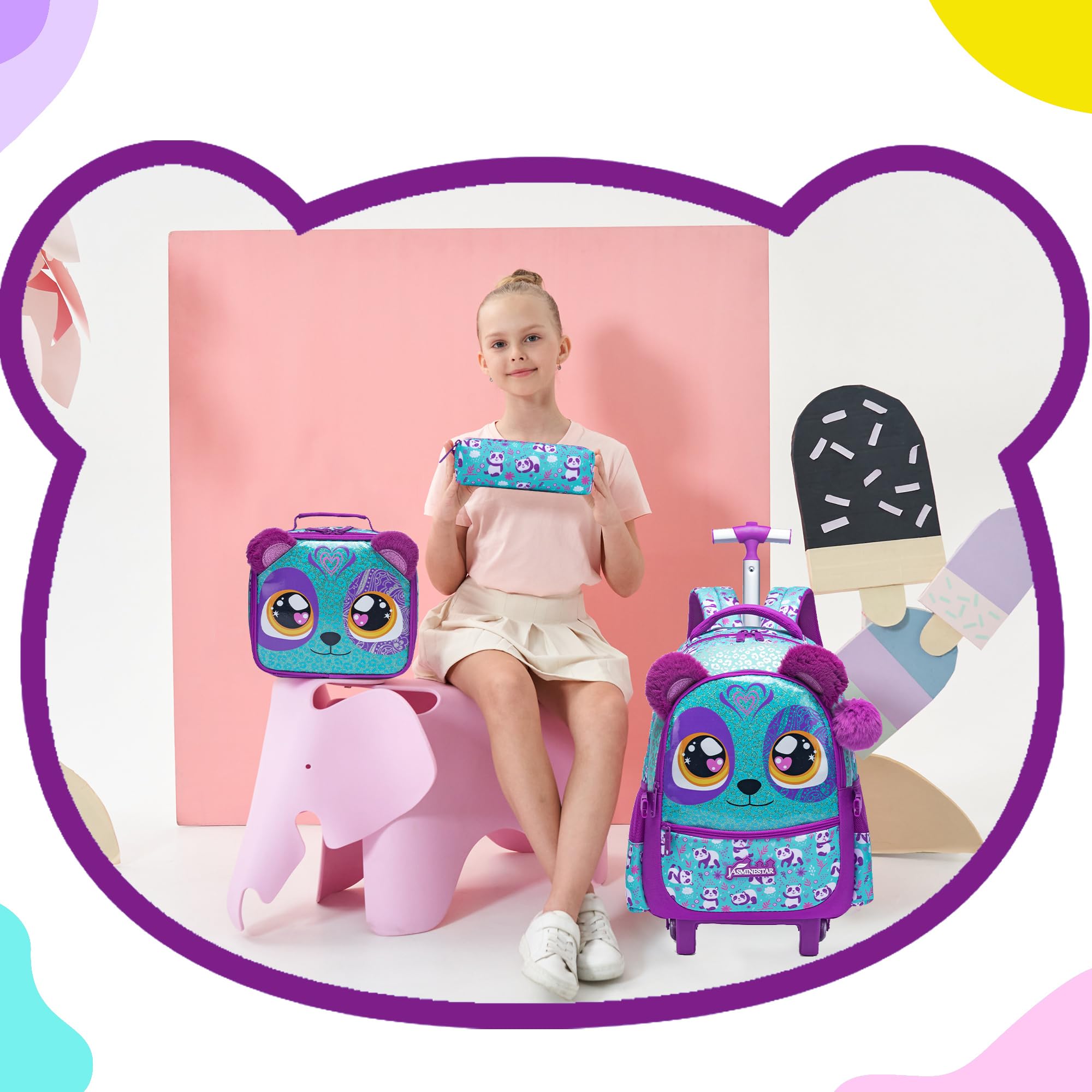 Adorable Rolling Backpack for Girls Age 8-10 - 3-in-1 Wheeled School Backpack with Lunch Box & Carry Handle - Perfect for Elementary Students, Travel & Daily Use