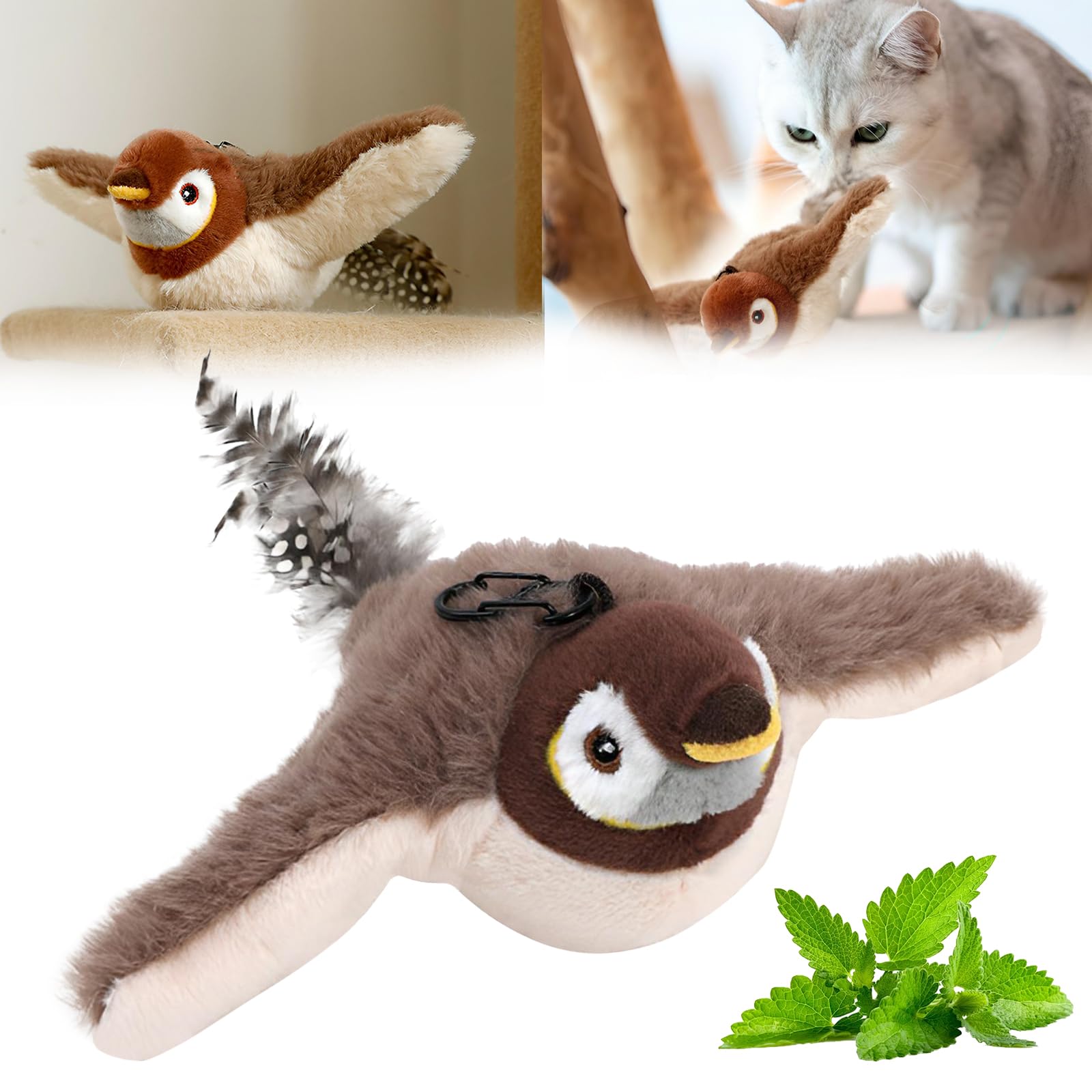 2025 Flying Bird Cat Toy - Interactive Chirping & Flapping Sparrow Brown Cat Toy for Indoor Cats - Perfect for Playtime & Exercise