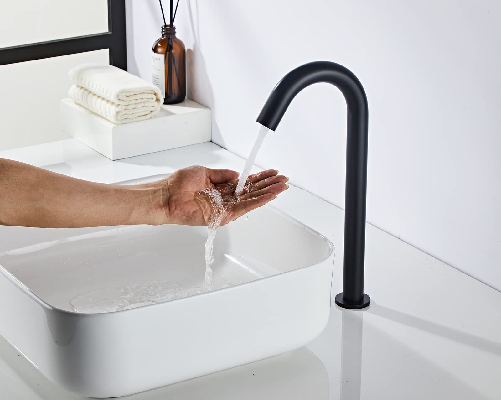 Touchless Automatic Sensor Faucet - Black Kitchen & Bathroom Sink Faucet with Motion Infrared Sensor | Battery or 110V AC Powered | Hands-Free for Home, Public Restrooms & Commercial Use | Tall Aerator Spout for Efficient Water Flow