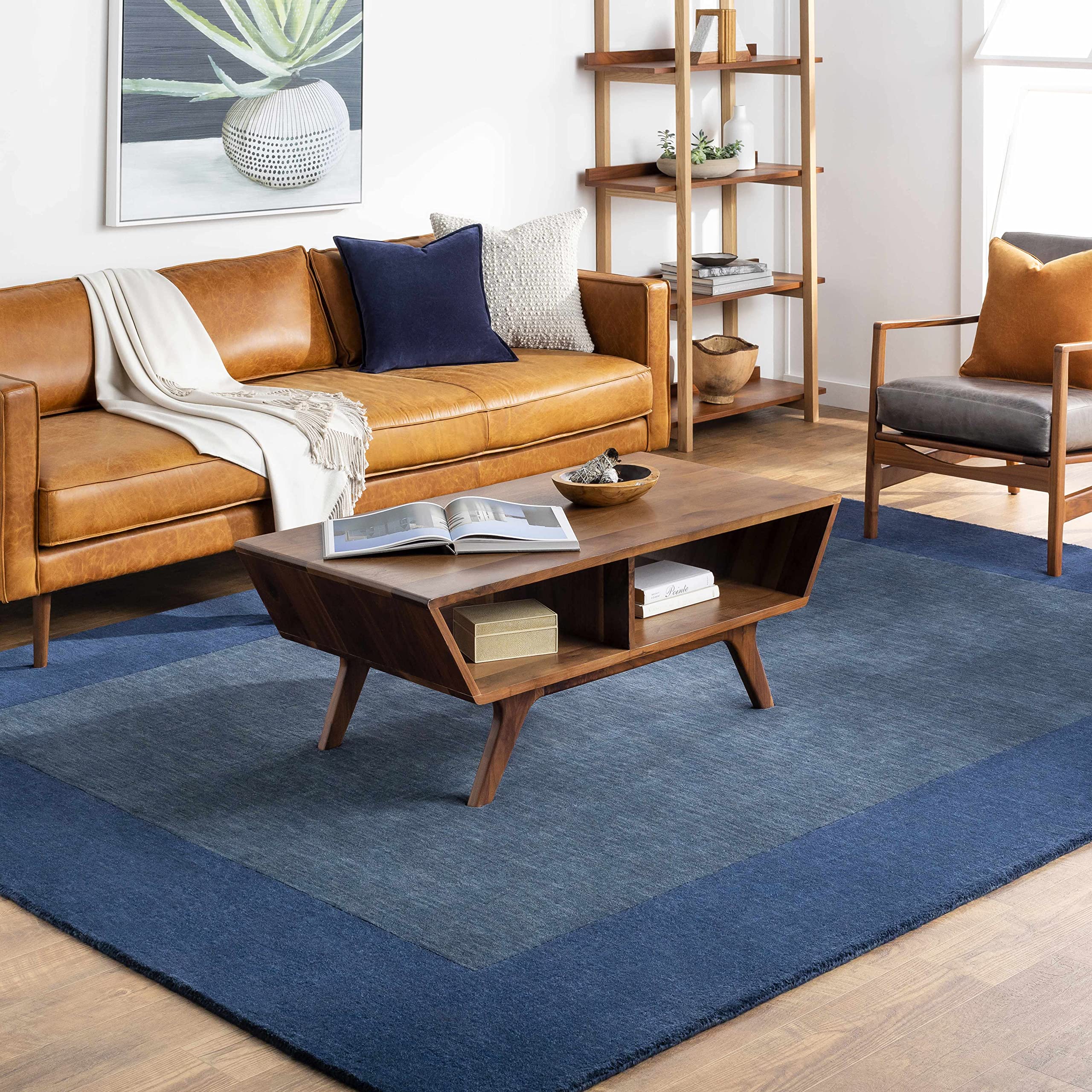 Premium Hauteloom Fingerhut Wool Area Rug - Soft & Durable 6' x 9' Blue Solid Border Rug for Living Room, Bedroom - Perfect for Cozy Home Decor & High-Traffic Areas