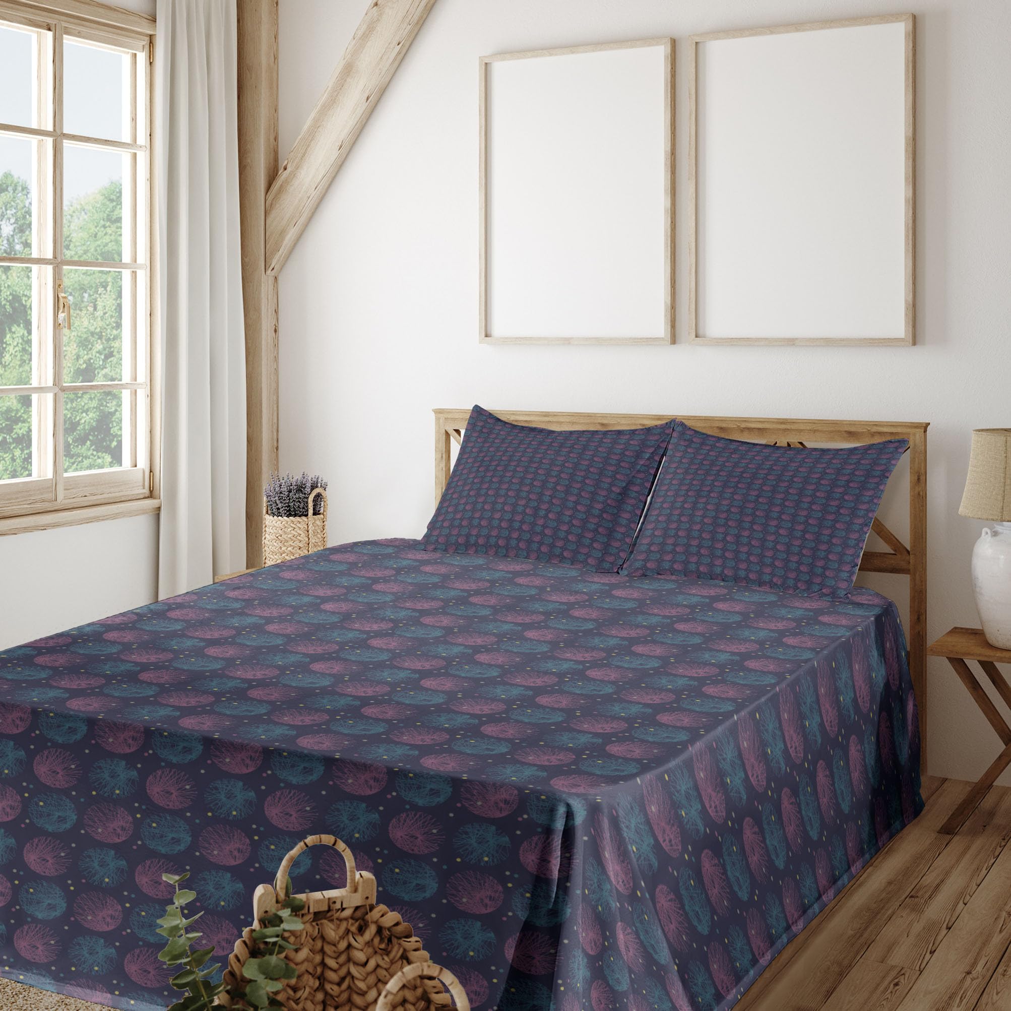 Ambesonne Abstract Celestial Sketch Lines & Dots 4-Piece King Sheet Set - Eggplant Slate Blue Bedding for Modern Bedroom Decor | Soft & Breathable Cotton Blend for Comfortable Sleep