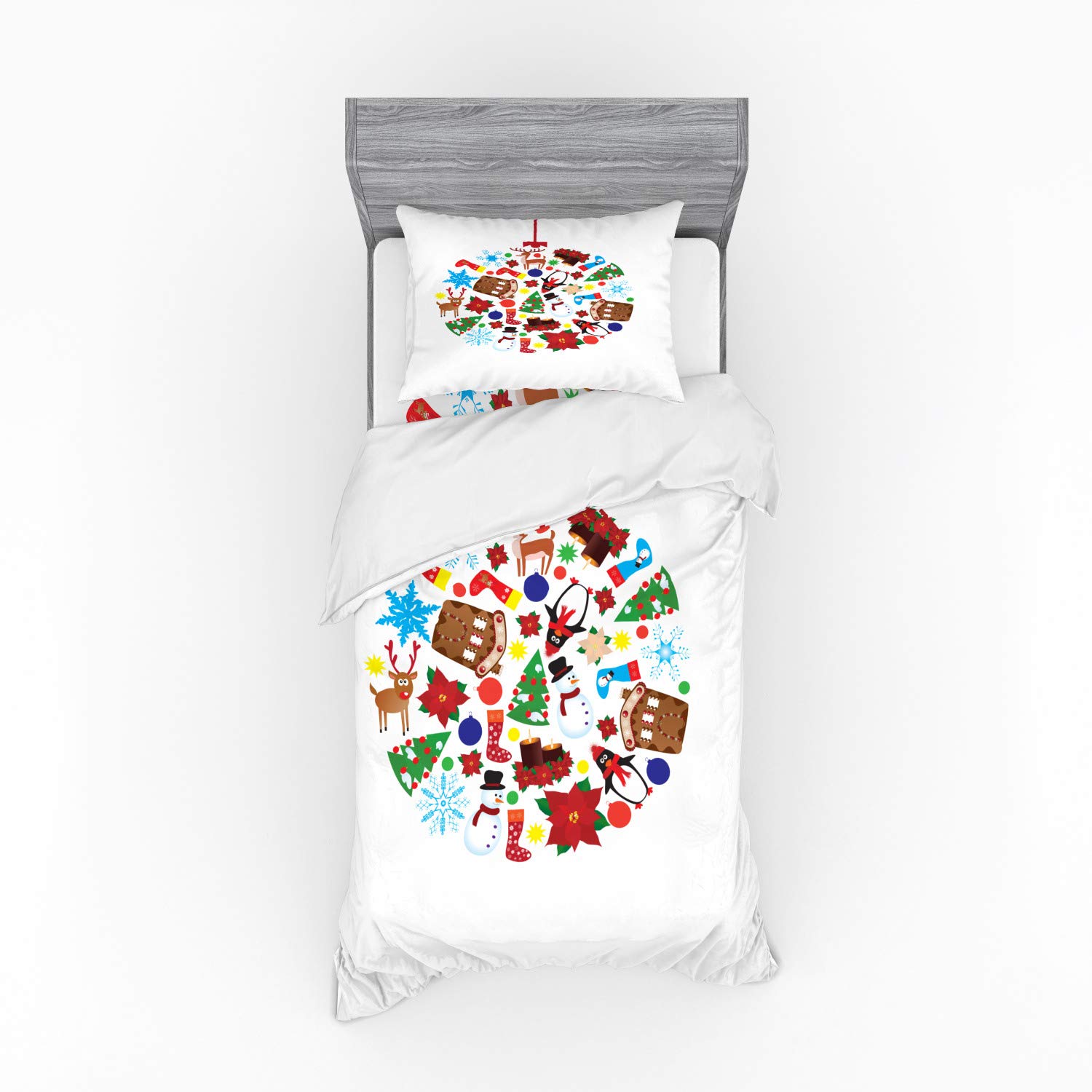 Ambesonne Christmas Bedding Set 3-Piece - Traditional Noel Theme with Pine Trees, Snowmen, Penguins & Reindeer - Twin XL Duvet Cover Set with Sham & Fitted Sheet - Holiday Home Decor for Winter Bedrooms & Cozy Seasonal Styling