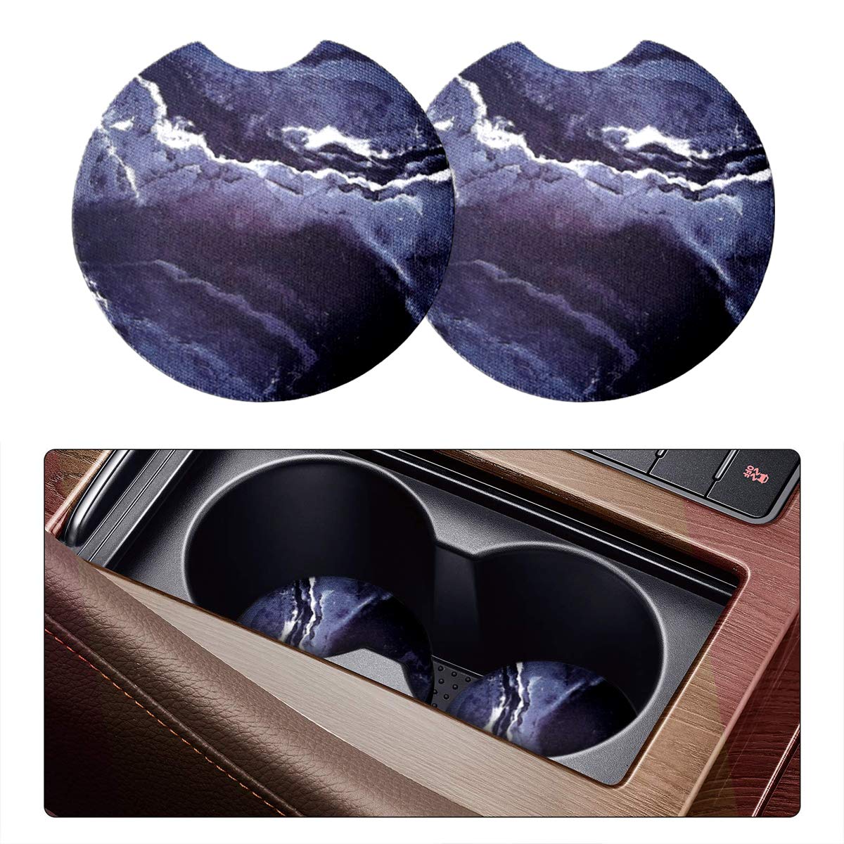 2 Pack Absorbent Car Coasters for Drinks - 2.75 Inch Cute Blue Marble Cup Holder Coasters for Women & Girls, Removable Car Interior Accessories for Coffee, Tea, and Beverages