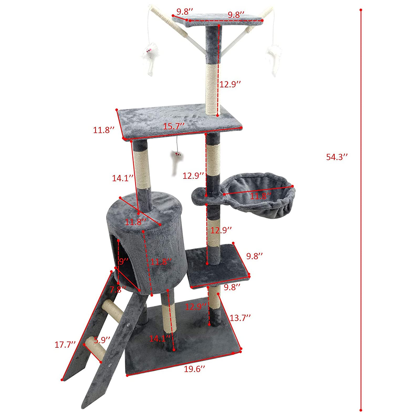 Premium Multi-Level Cat Tree with Hammock, Ladder & Scratching Posts - Indoor Cat Tower for Play & Rest - Sisal & Plush Mouse Toys Included - Perfect for Small Spaces & Active Cats