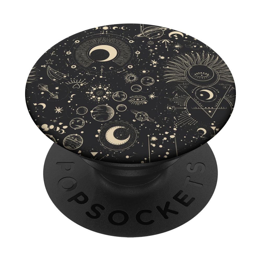Mystic Astrology Moon Sun Stars Planets Design Black PopSockets PopGrip - Phone Grip Stand for iPhone, Samsung & Smartphones - Perfect for Daily Use, Travel & Selfies