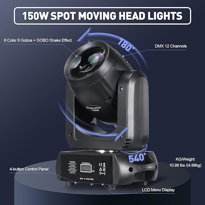 150W LED Moving Head DJ Light - 8 Colors, 8 Gobos, Spot/Wash/Beam Modes with 18-Facet Prism & Infinite Rotation - DMX 512 & Sound Active for Stage, Party, Club, and Wedding Lighting Effects