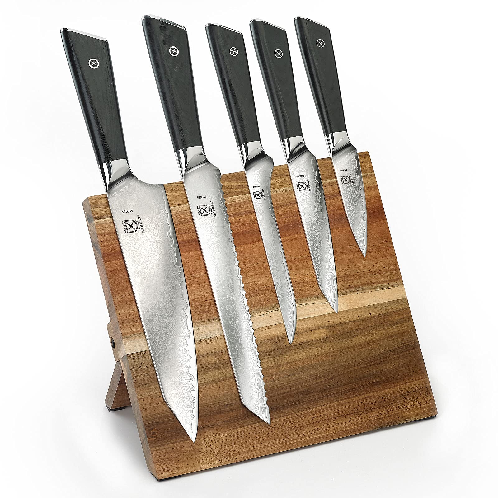 Premium 6-Piece Mercer Culinary Knife Set with G10 Handles & Magnetic Acacia Wood Stand - Professional Grade Super Steel Kitchen Cutlery for Chefs & Home Cooking - Perfect for Slicing, Dicing & Food Prep