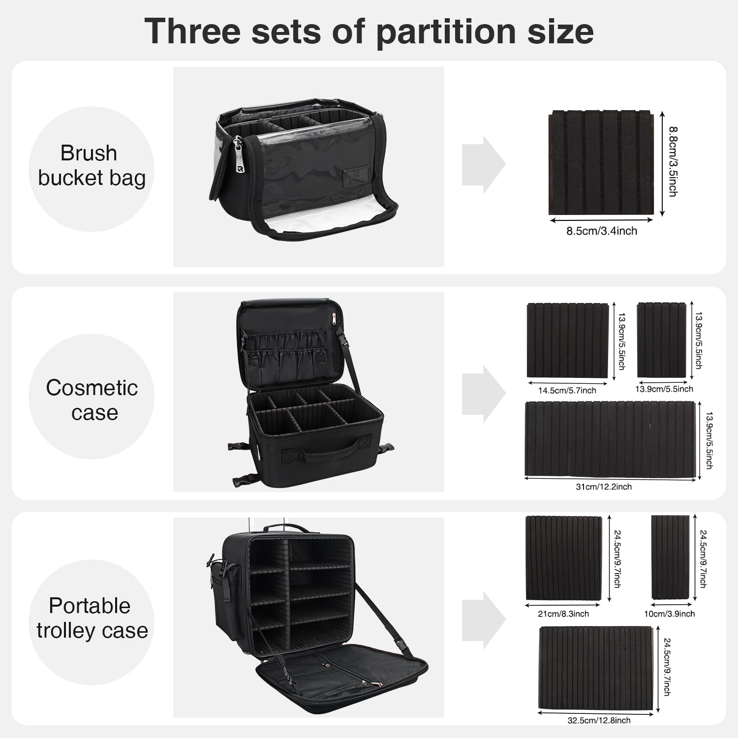 Relavel Professional Rolling Makeup Train Case - 4-in-1 Travel Cosmetic Organizer with Detachable Case, Dual Brush Holder & Wheels (Black, 4-Pack) - Perfect for Makeup Artists, Salon Professionals & Beauty Enthusiasts On-The-Go