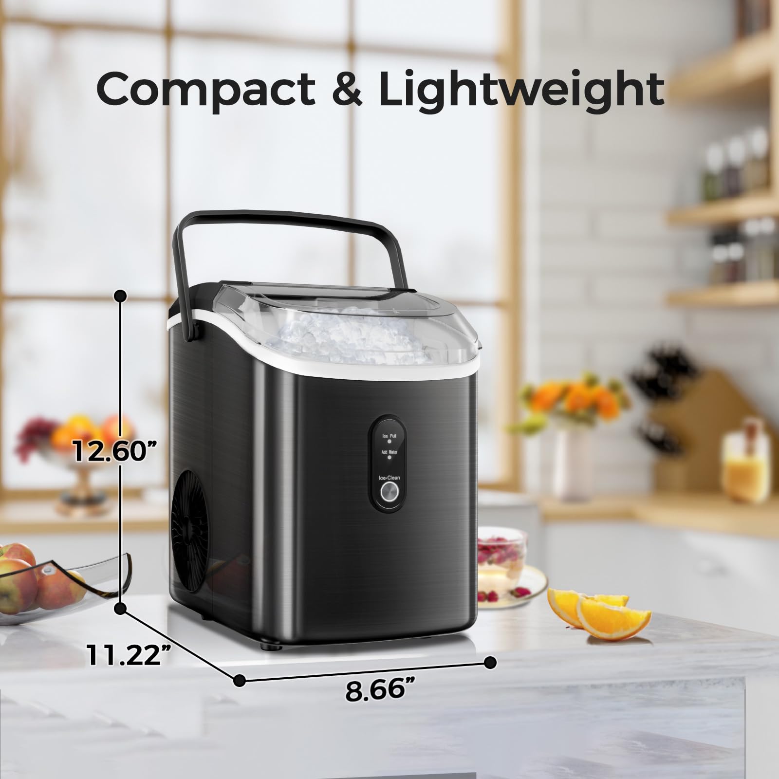 AGLUCKY Countertop Nugget Ice Maker Machine - 35Lbs/24H Portable Pebble Ice Maker with Soft Chewable Ice, One-Click Operation & Self-Cleaning Function, Stainless Steel Black - Perfect for Home Kitchen, Office, Parties & Outdoor Activities